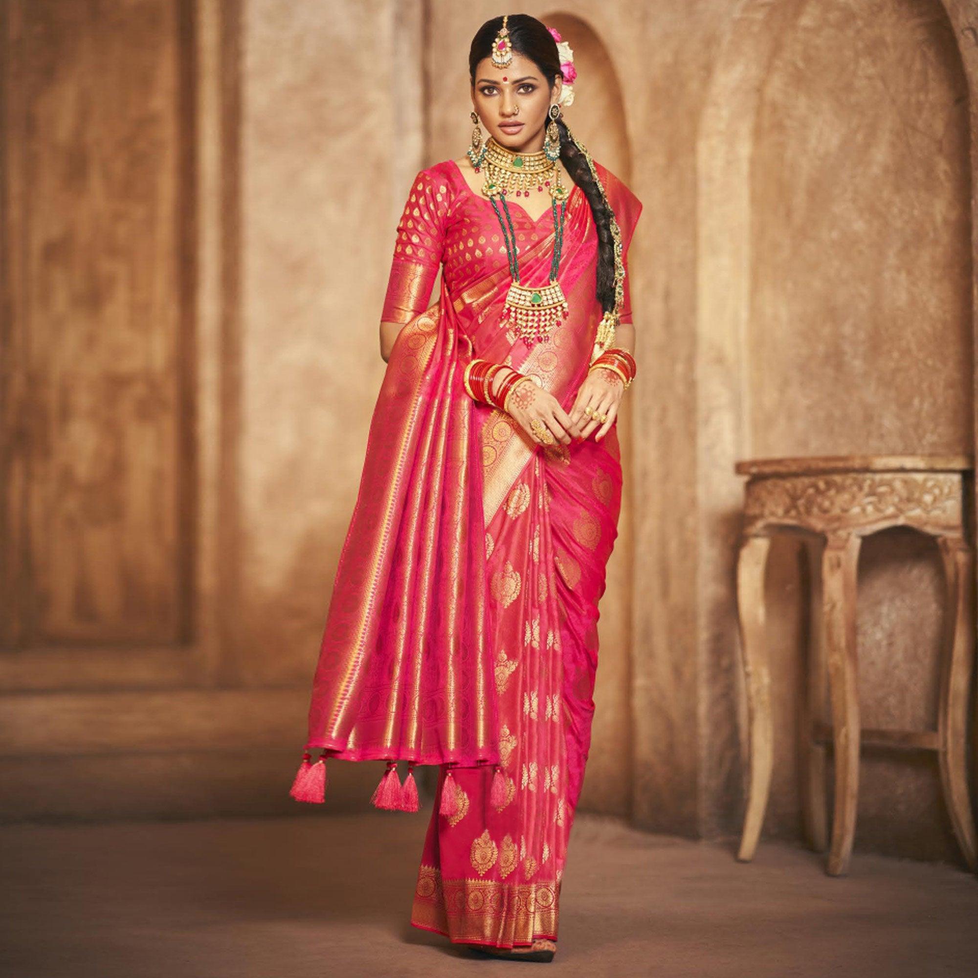 Pink Woven Silk Saree With Tassels - Peachmode