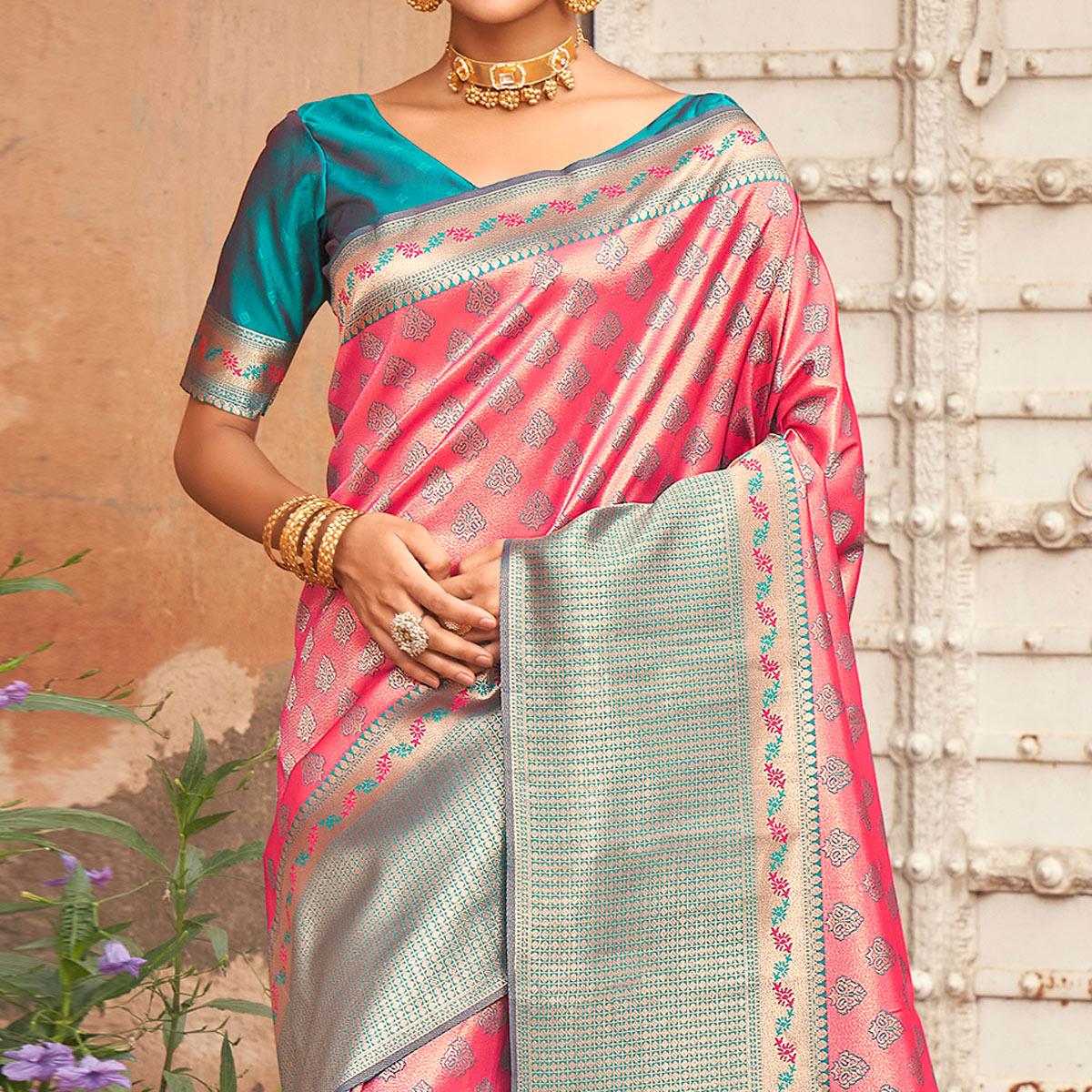 Pink Woven Silk Saree With Tassels - Peachmode