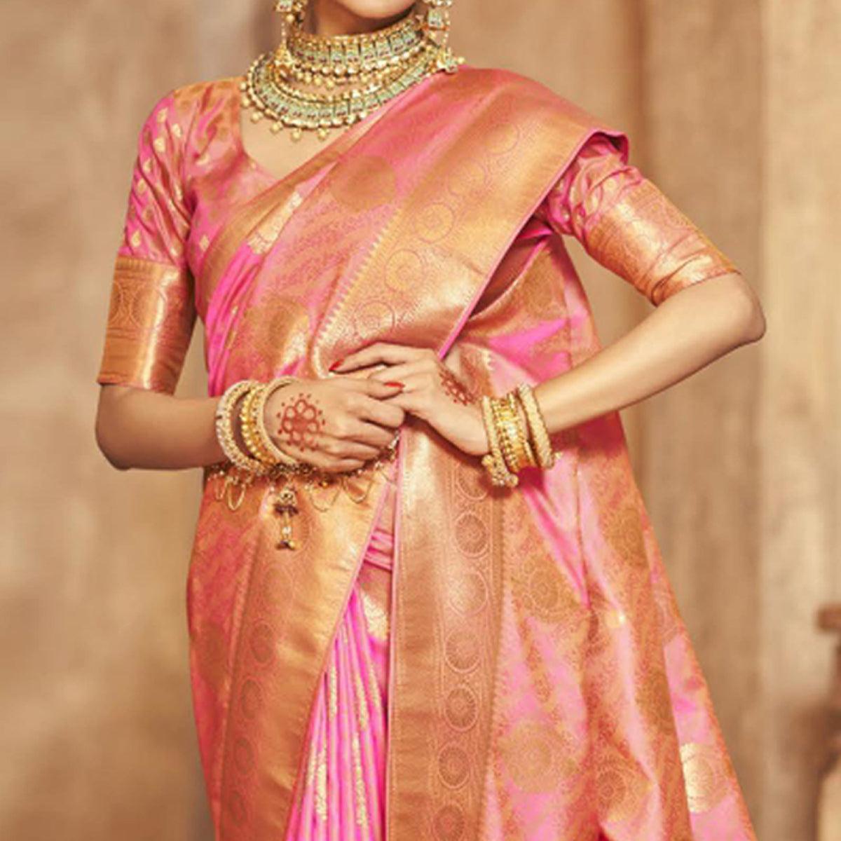 Pink Woven Silk Saree With Tassels - Peachmode