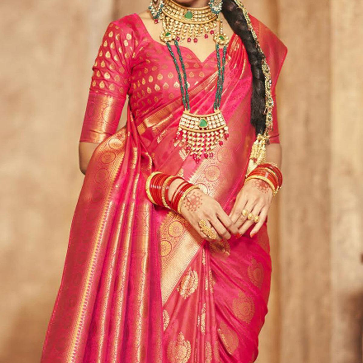 Pink Woven Silk Saree With Tassels - Peachmode