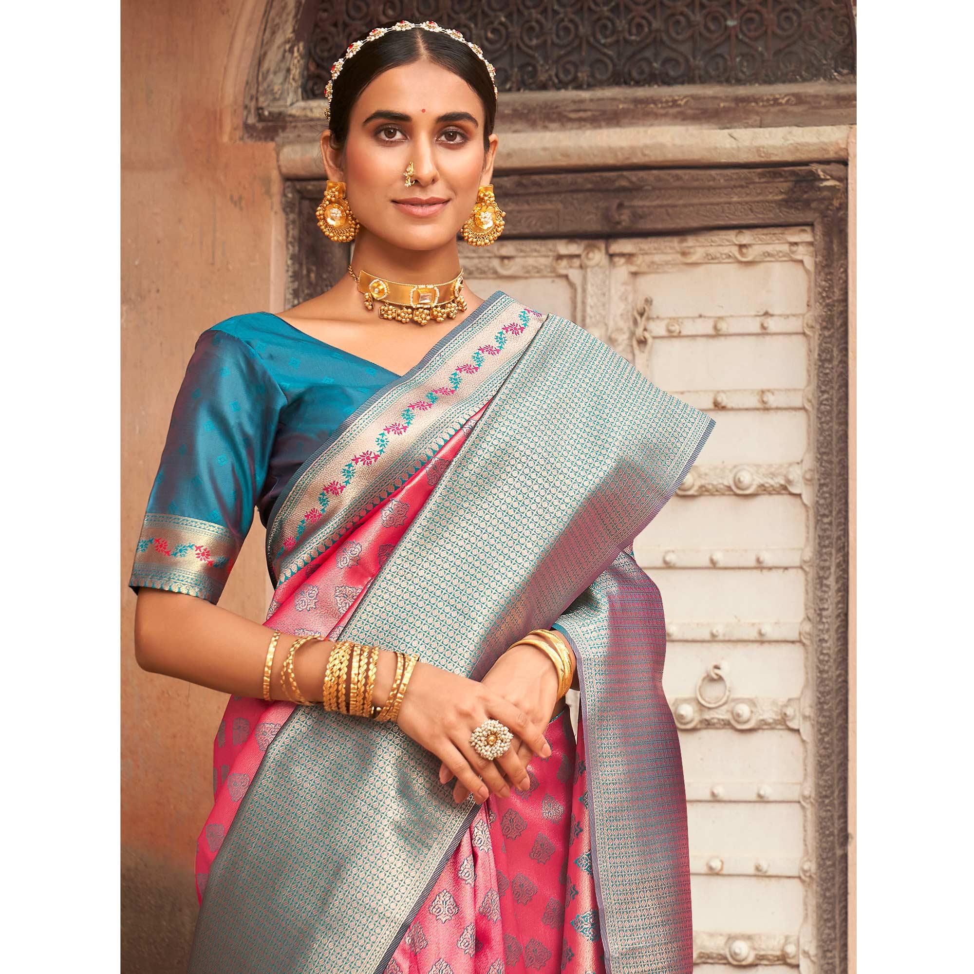 Pink Woven Silk Saree With Tassels - Peachmode