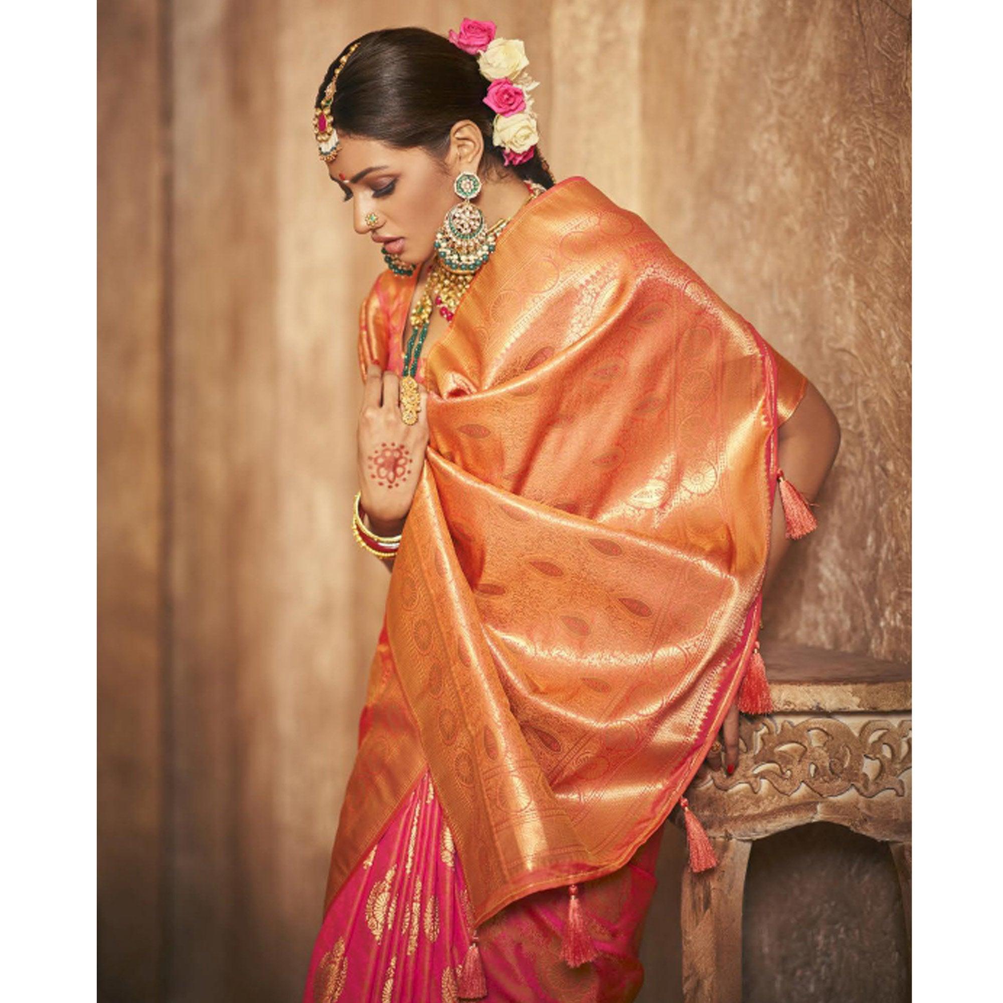 Pink Woven Silk Saree With Tassels - Peachmode