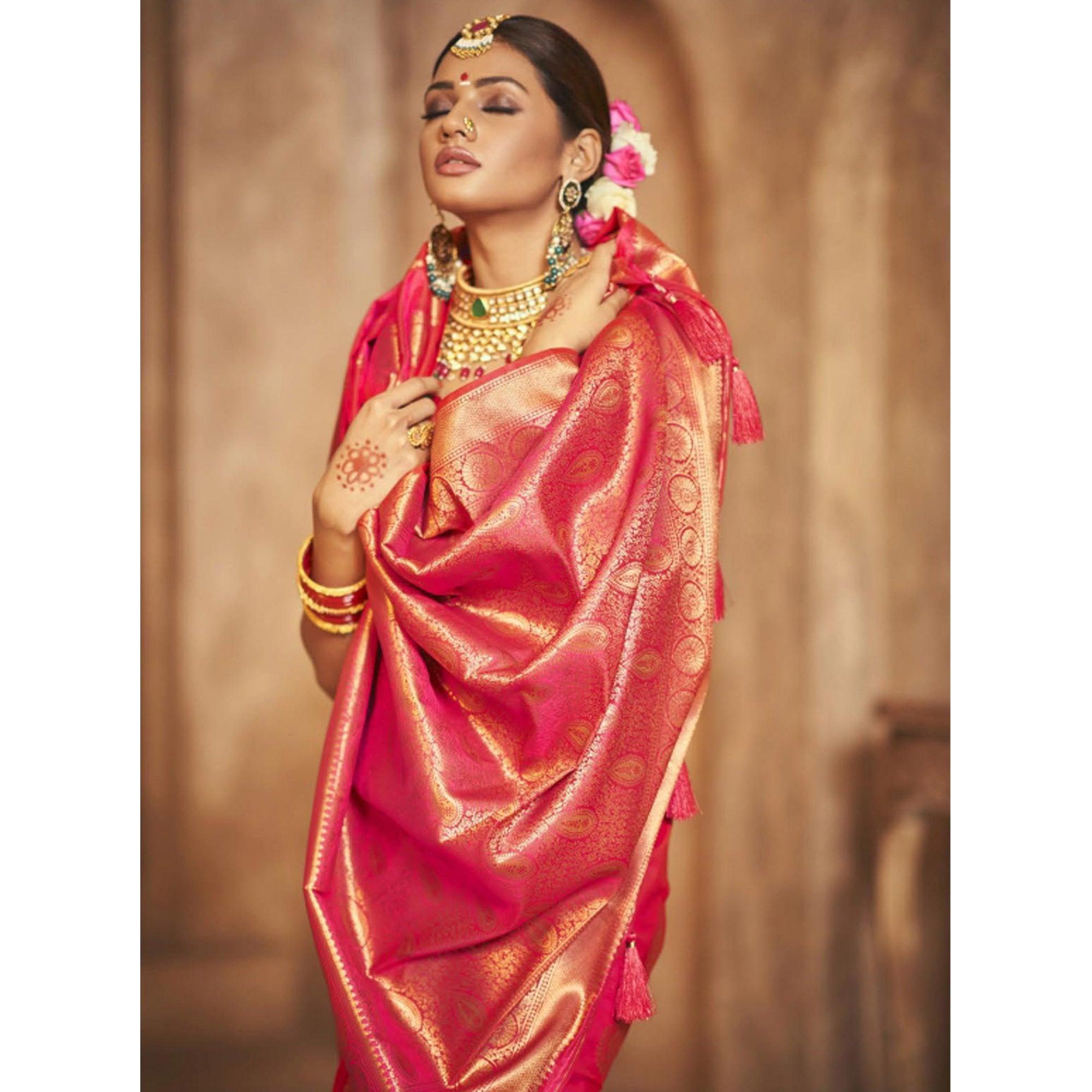 Pink Woven Silk Saree With Tassels - Peachmode