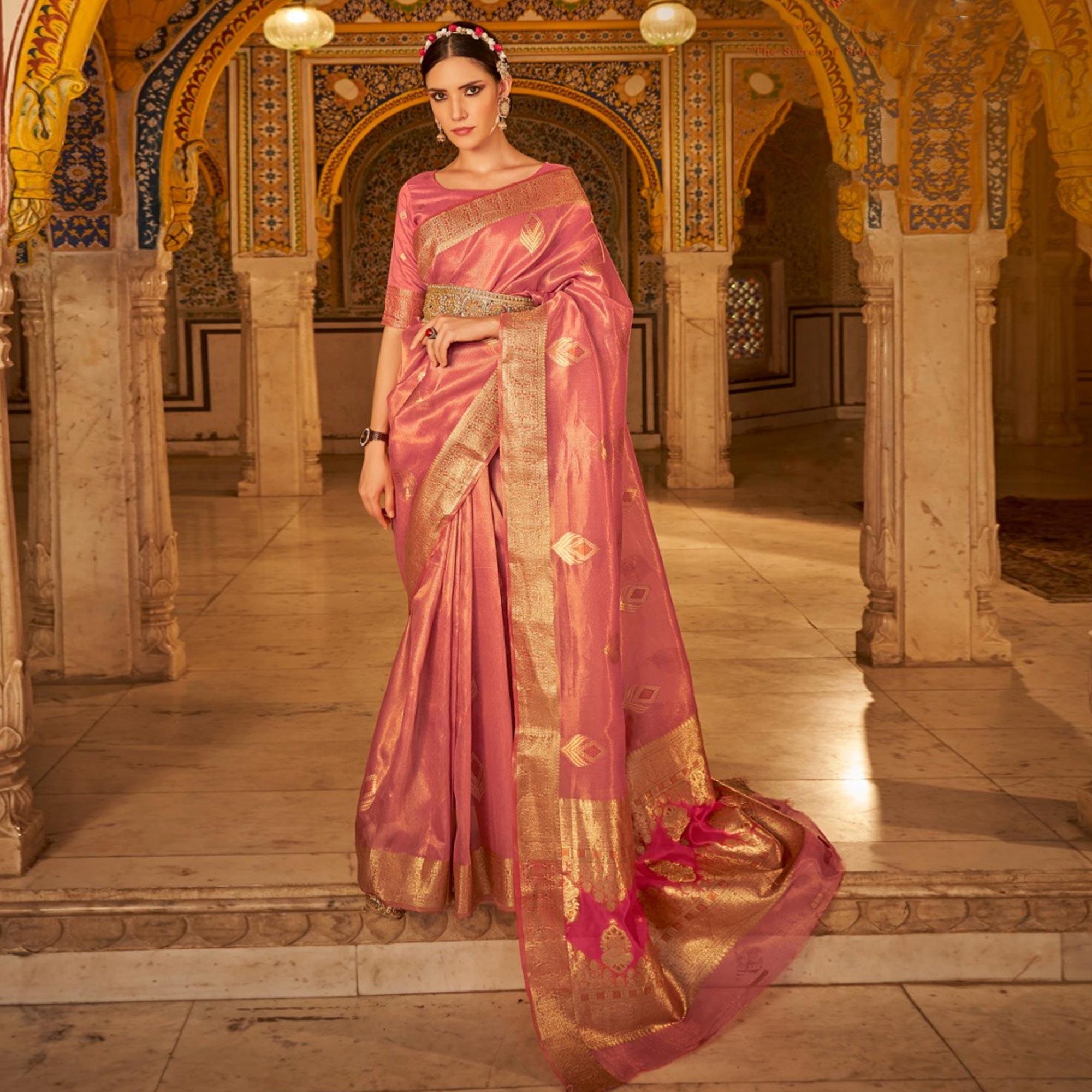 Pink Woven Tissue Silk Saree - Peachmode