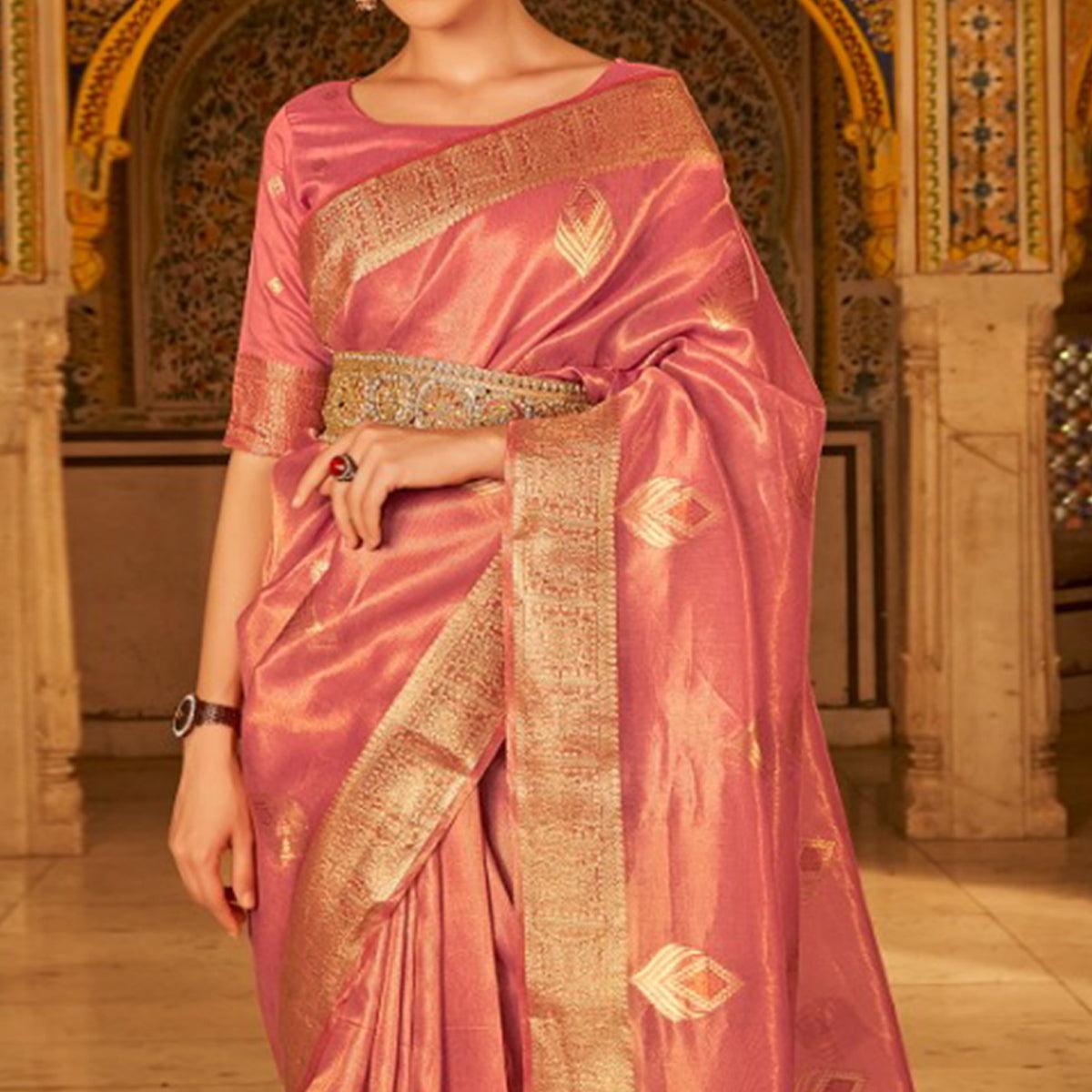 Pink Woven Tissue Silk Saree - Peachmode