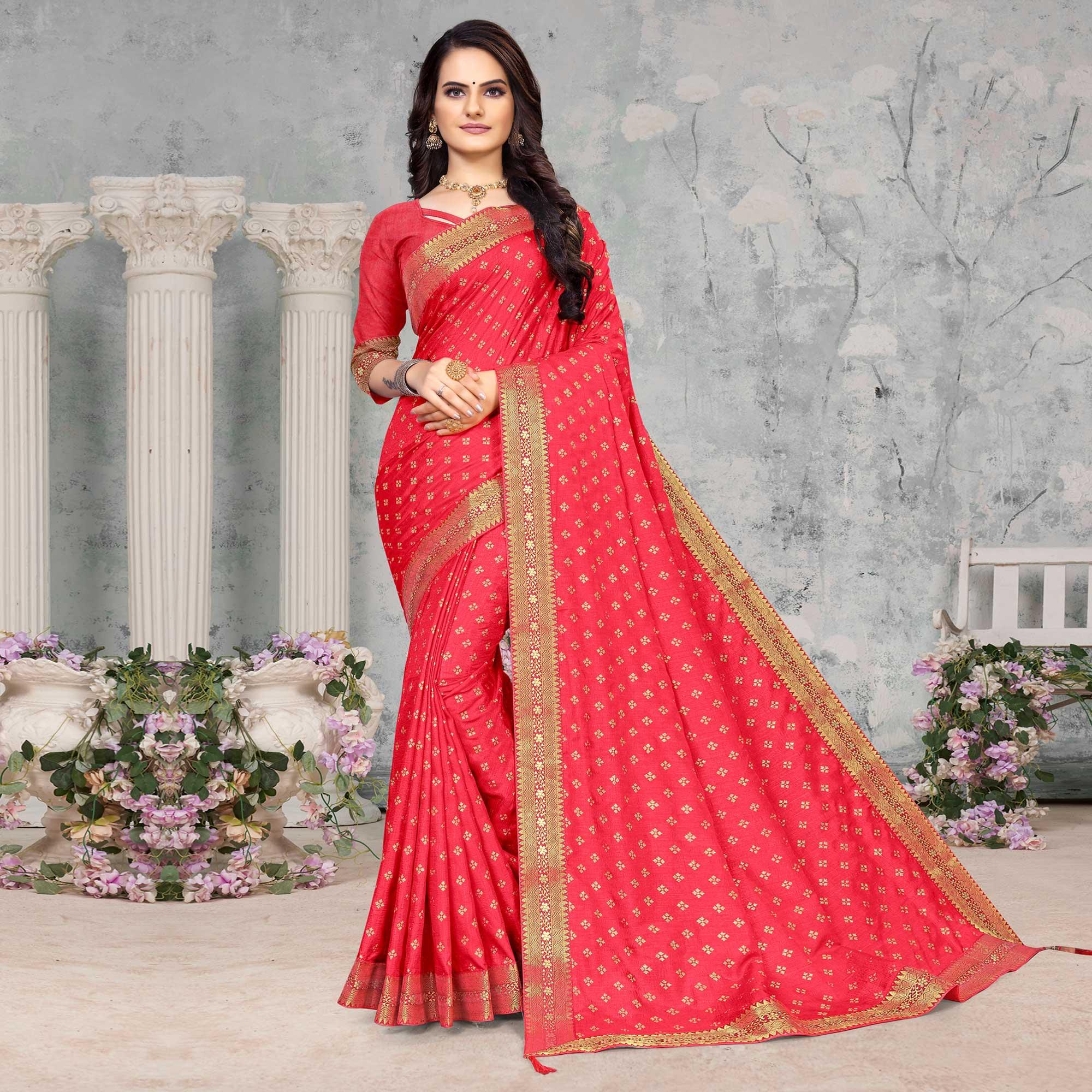 Pink Woven Vichitra Silk Saree - Peachmode