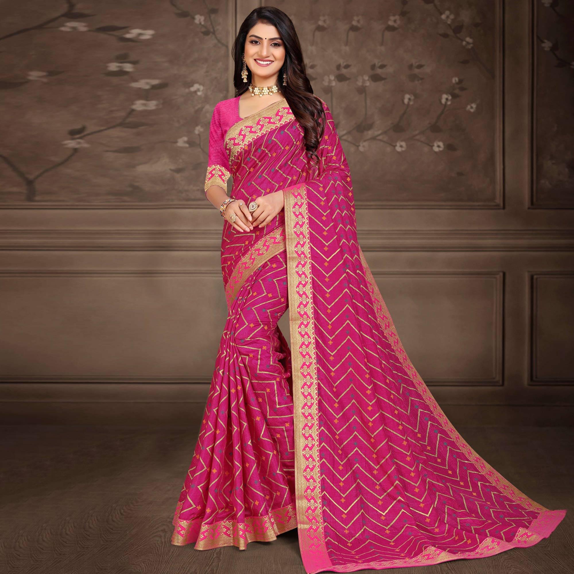 Pink Woven Vichitra Silk Saree - Peachmode