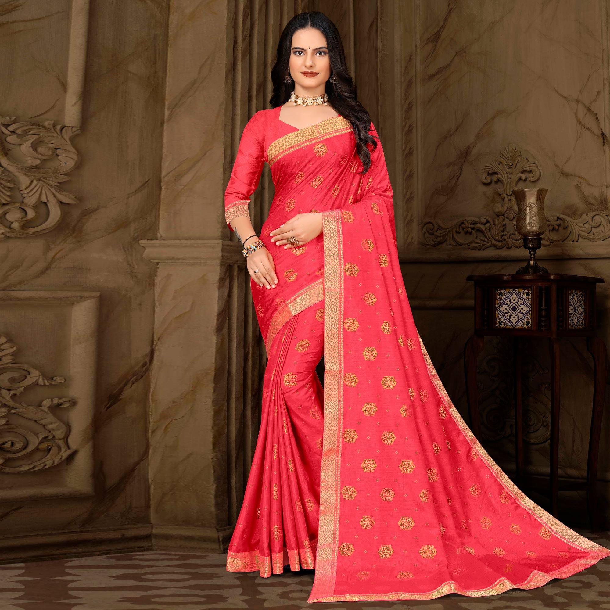 Pink Woven Vichitra Silk Saree - Peachmode