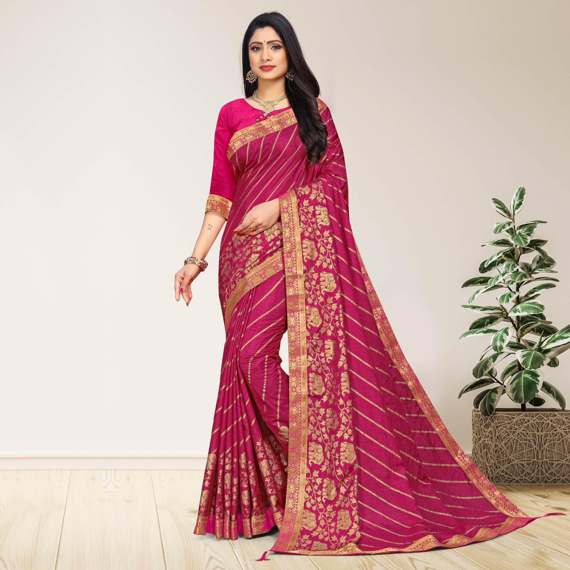 Pink Woven Vichitra Silk Saree - Peachmode