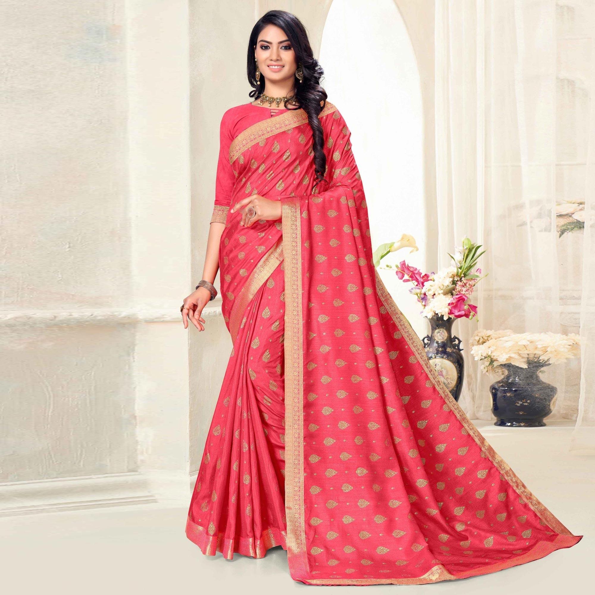 Pink Woven Vichitra Silk Saree - Peachmode