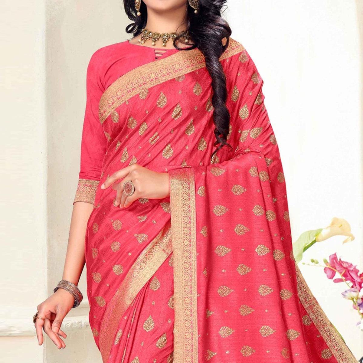 Pink Woven Vichitra Silk Saree - Peachmode