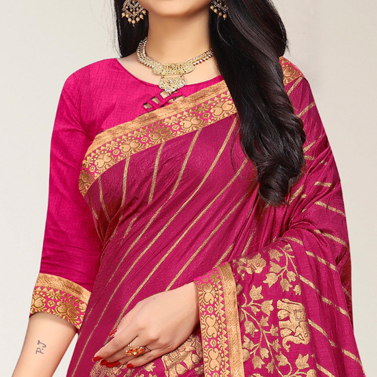 Pink Woven Vichitra Silk Saree - Peachmode