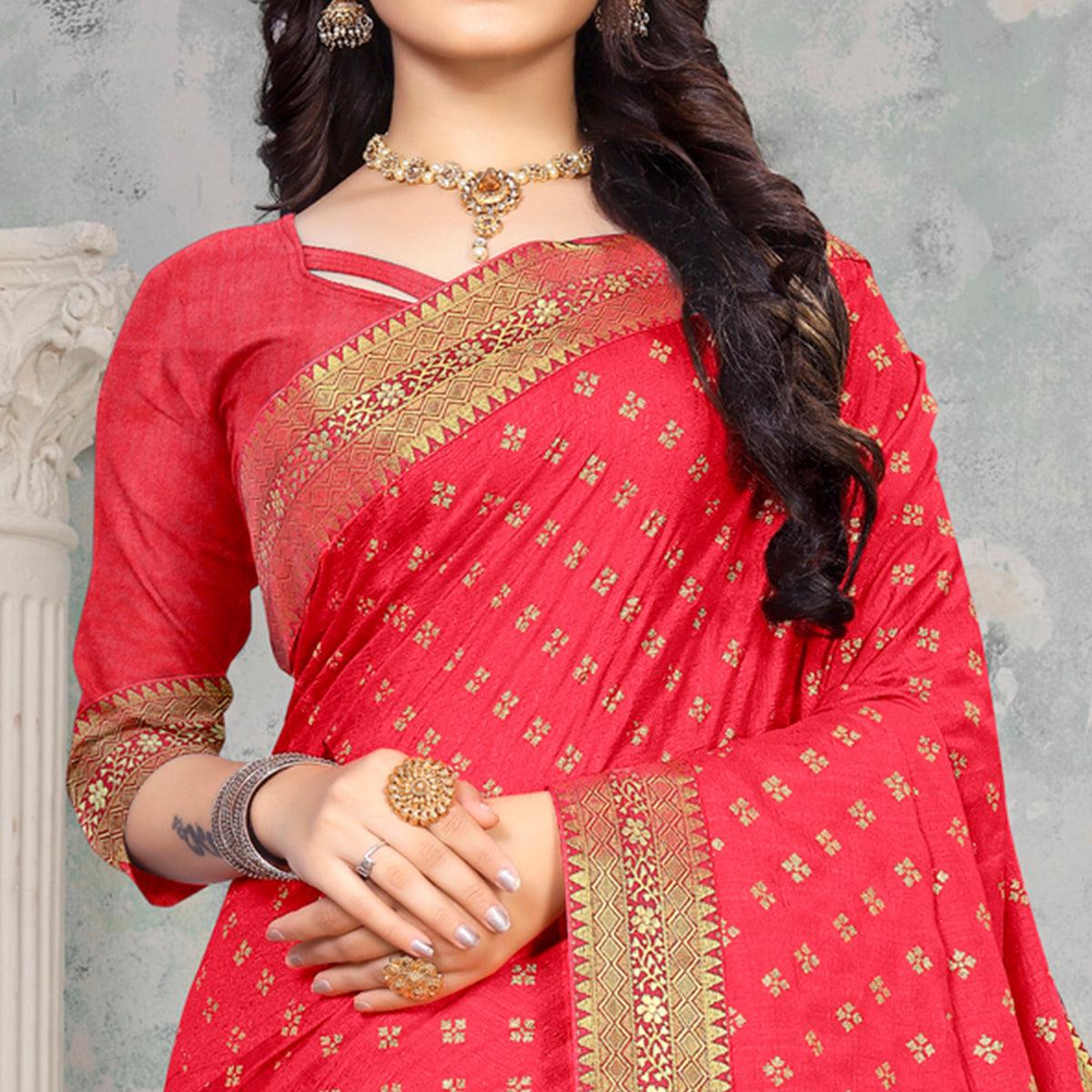 Pink Woven Vichitra Silk Saree - Peachmode