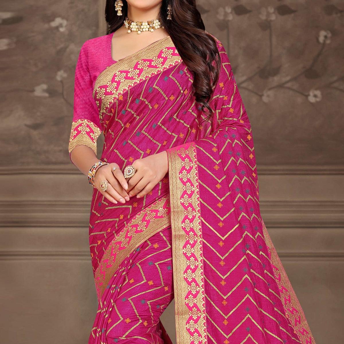 Pink Woven Vichitra Silk Saree - Peachmode