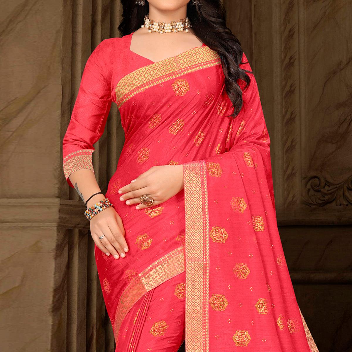 Pink Woven Vichitra Silk Saree - Peachmode