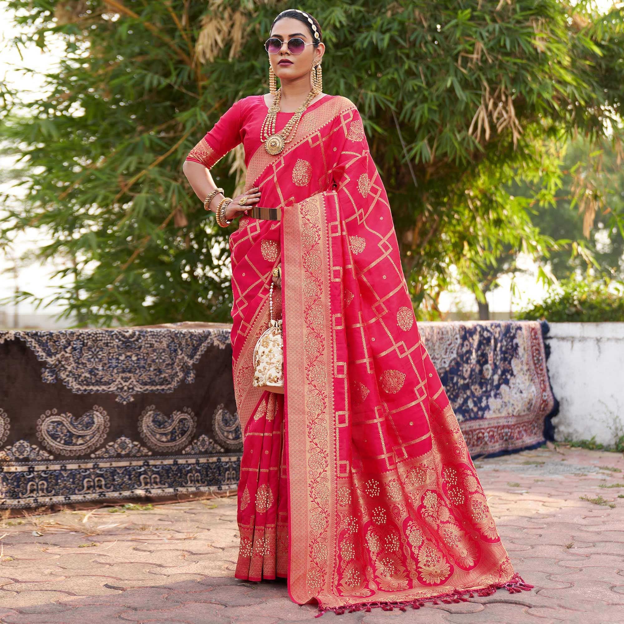 Pink Woven With Embellished Art Silk Saree With Tassels - Peachmode