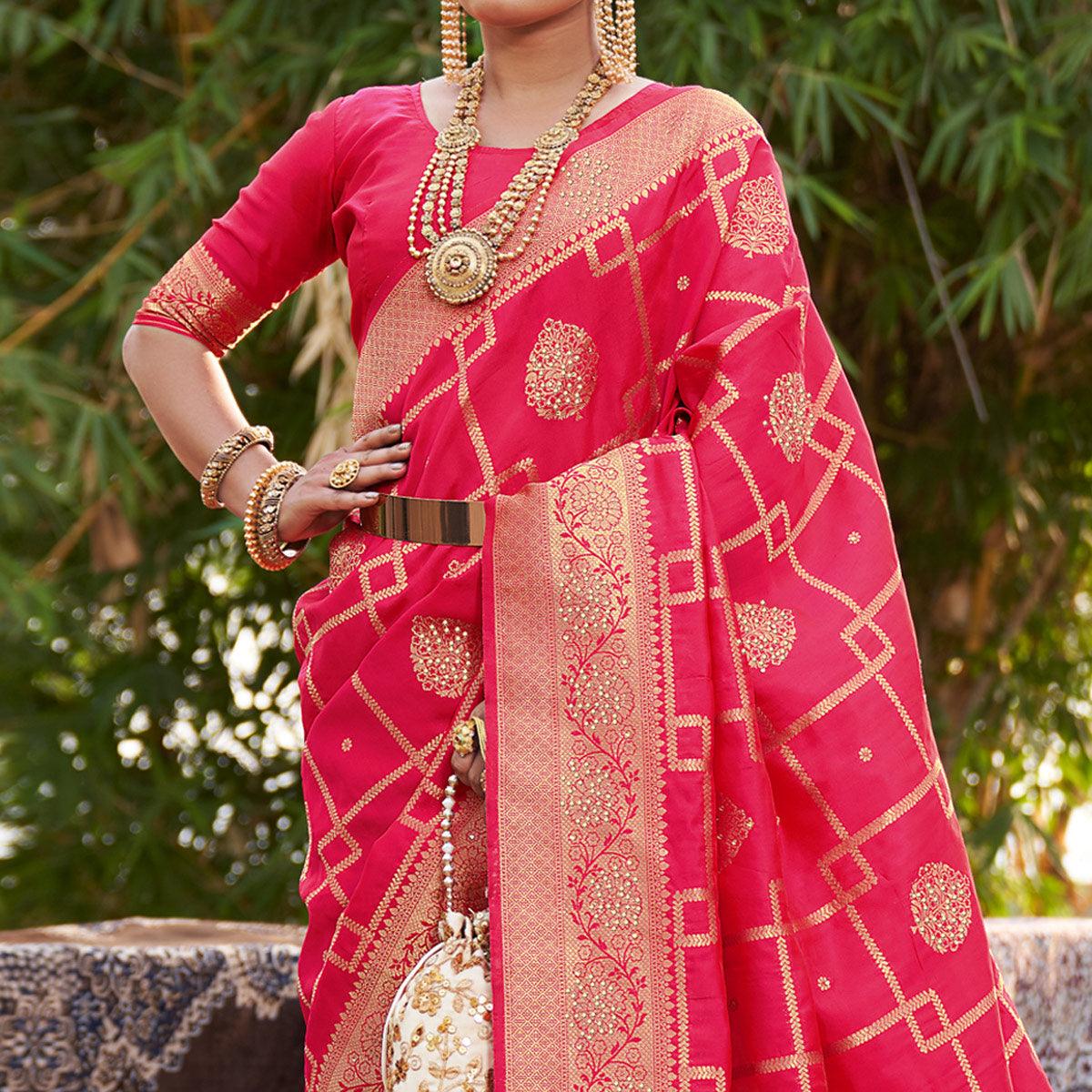 Pink Woven With Embellished Art Silk Saree With Tassels - Peachmode
