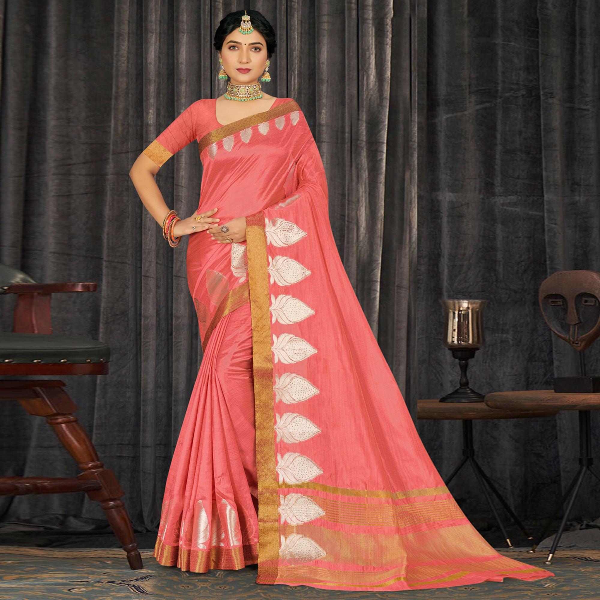 Pink Woven With Embellished Poly Cotton Saree - Peachmode