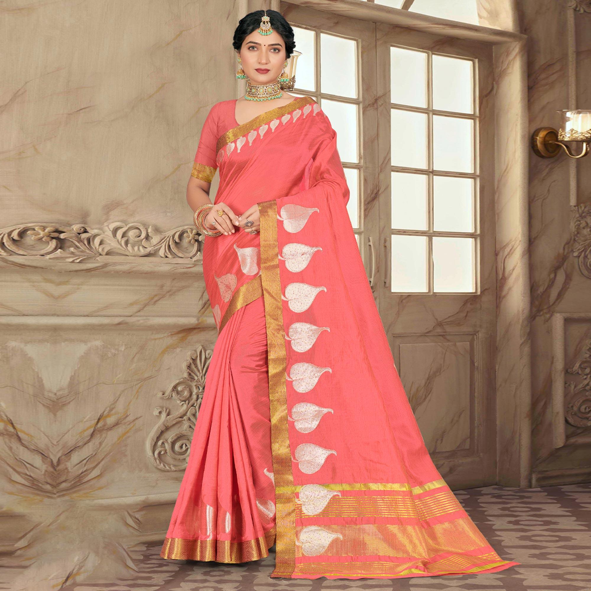 Pink Woven With Embellished Poly Cotton Saree - Peachmode