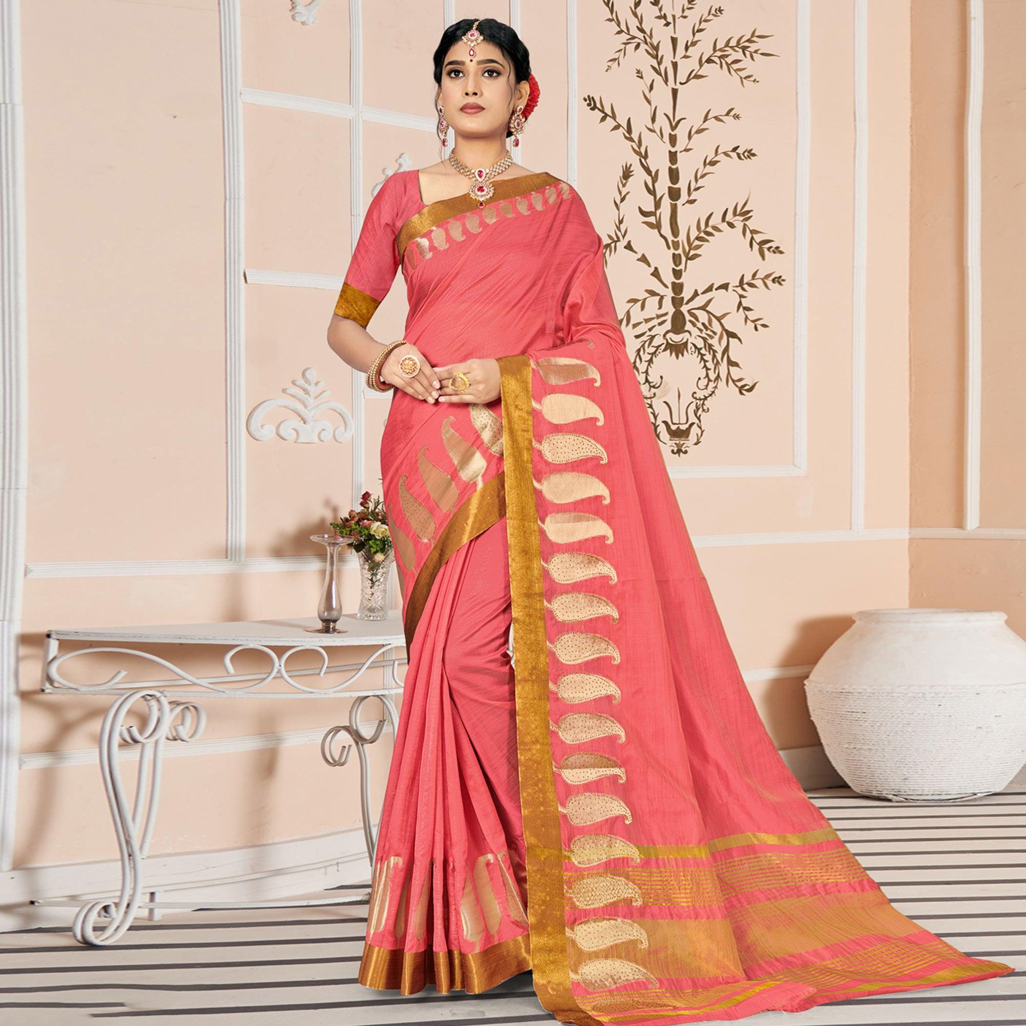 Pink Woven With Embellished Poly Cotton Saree - Peachmode
