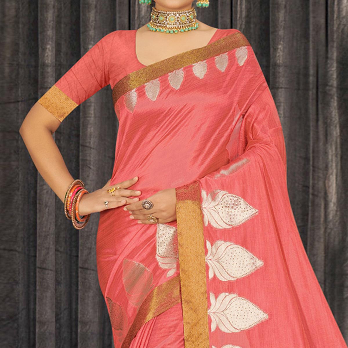 Pink Woven With Embellished Poly Cotton Saree - Peachmode