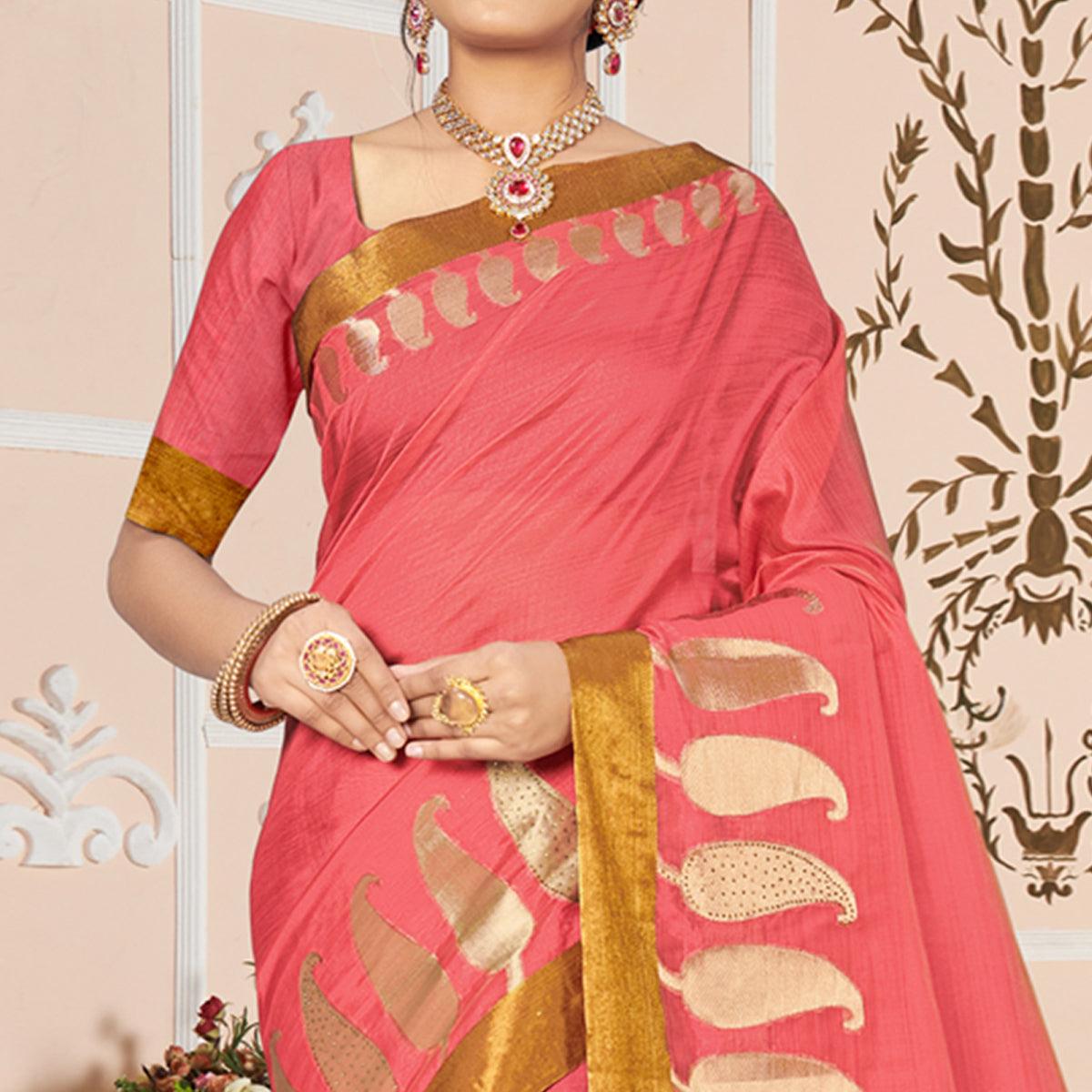 Pink Woven With Embellished Poly Cotton Saree - Peachmode