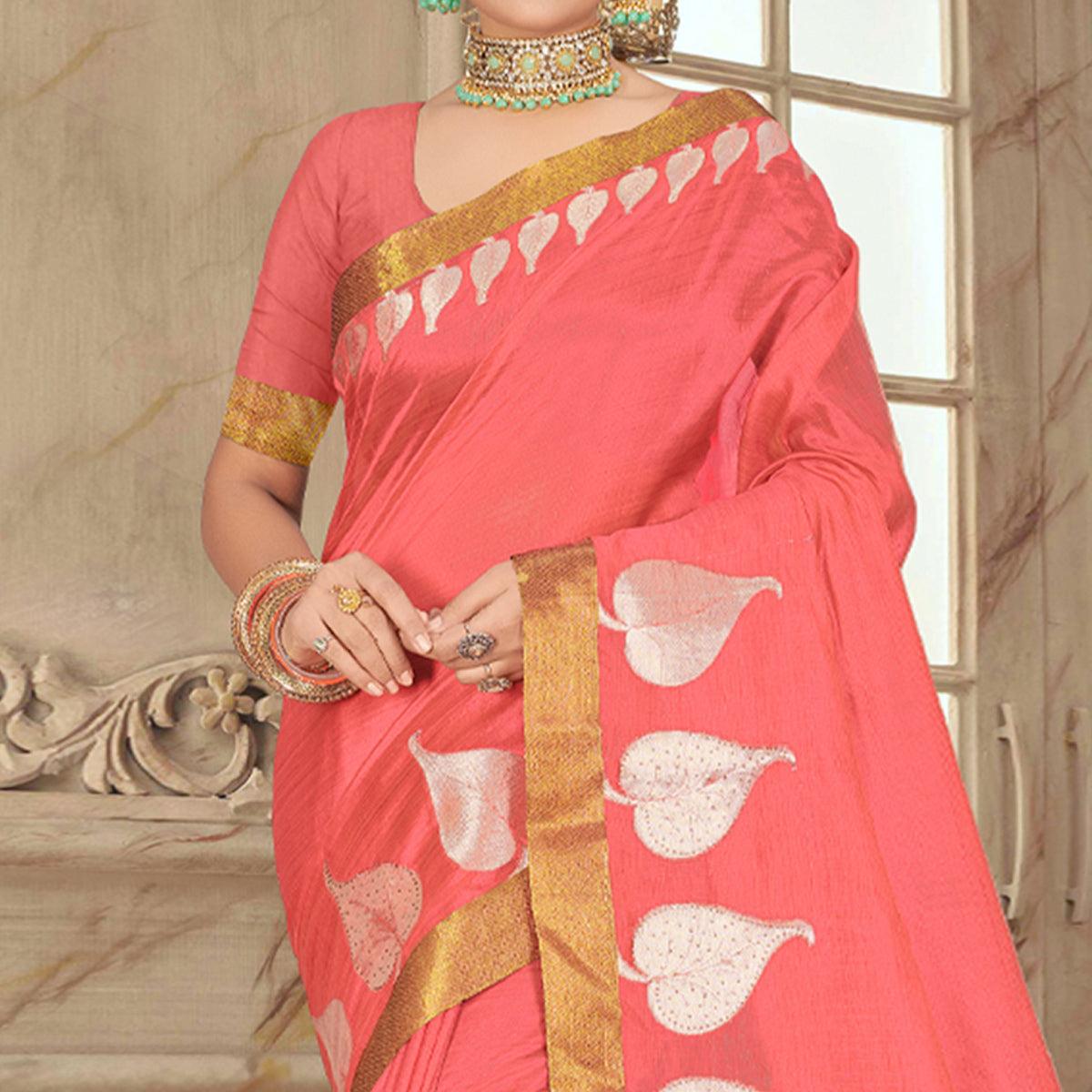 Pink Woven With Embellished Poly Cotton Saree - Peachmode