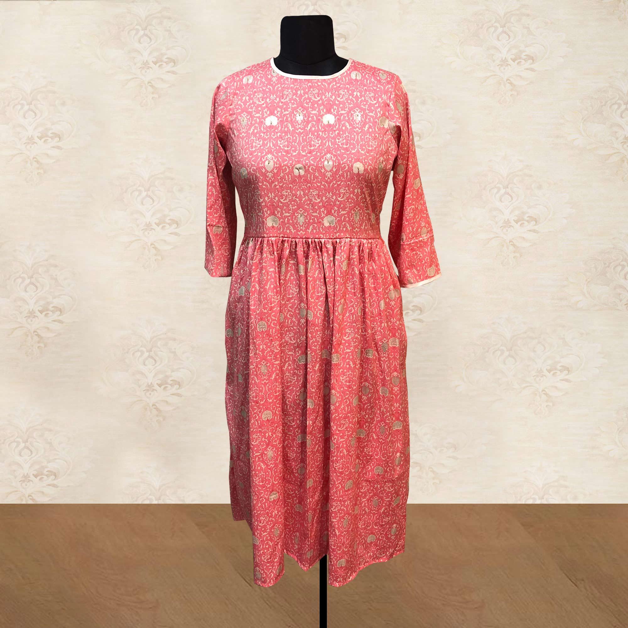 Pink Woven With Embellished Pure Cotton Kurti - Peachmode