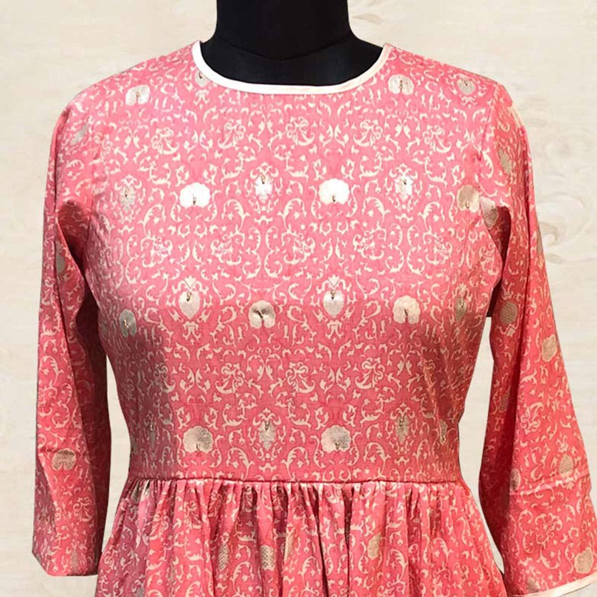 Pink Woven With Embellished Pure Cotton Kurti - Peachmode