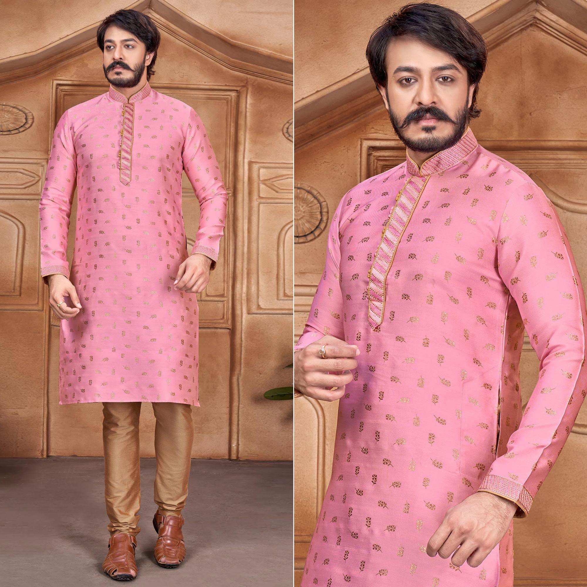 Pink Woven With Embroidered Art Silk Kurta Pyjama Set - Peachmode