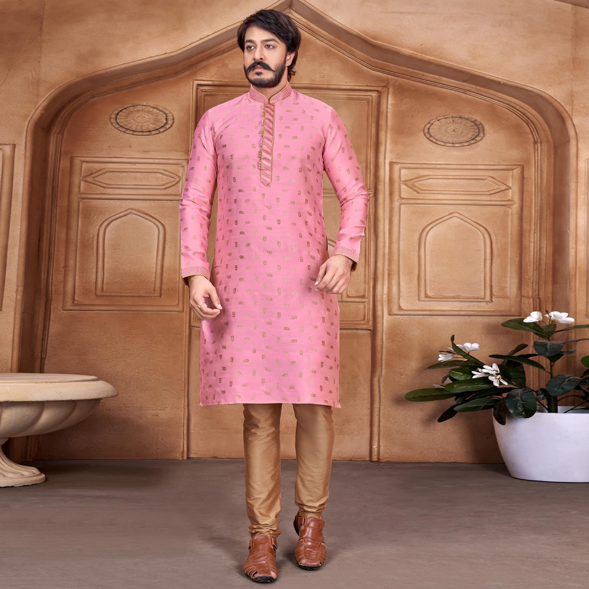 Pink Woven With Embroidered Art Silk Kurta Pyjama Set - Peachmode