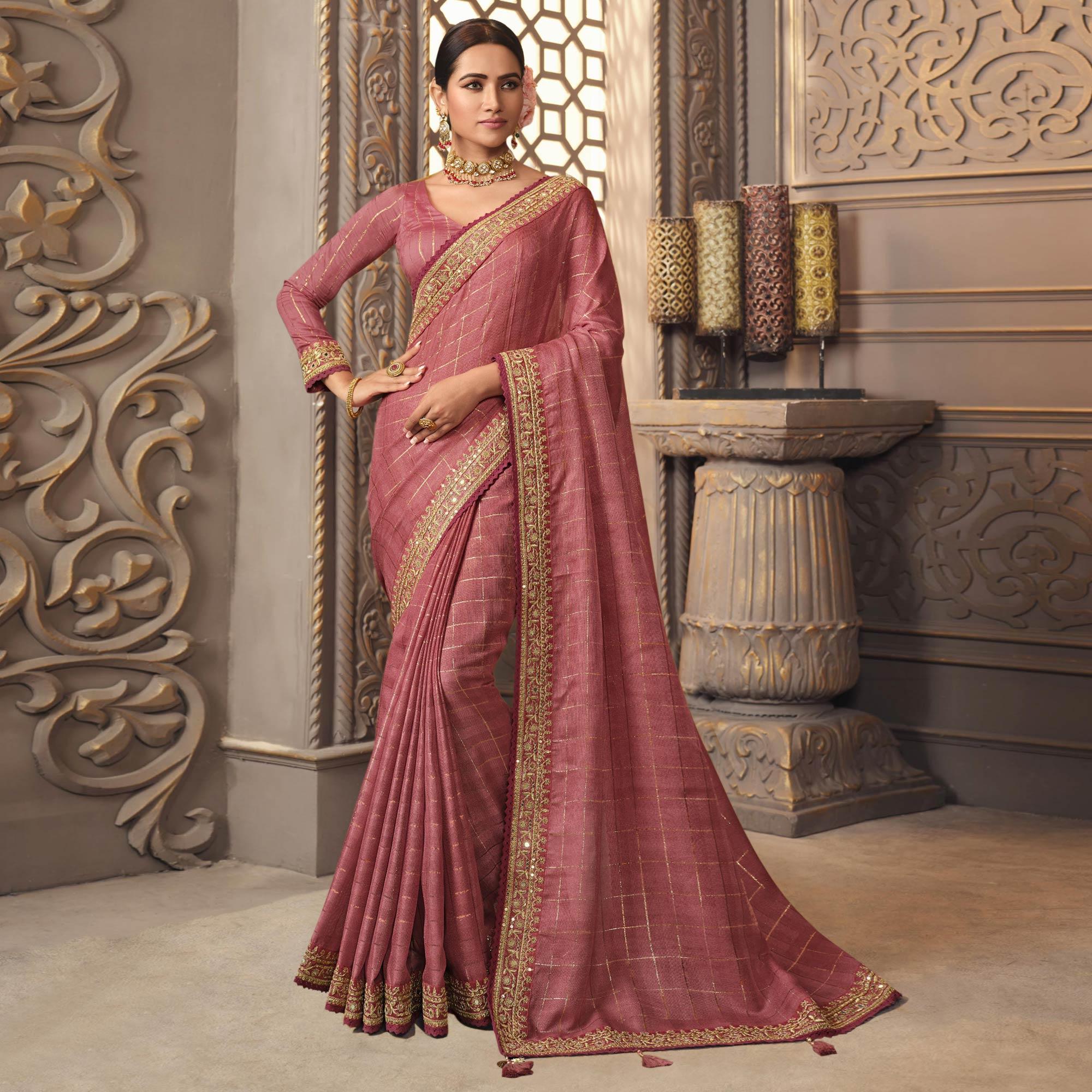 Pink Woven With Embroidered Border Organza Saree - Peachmode