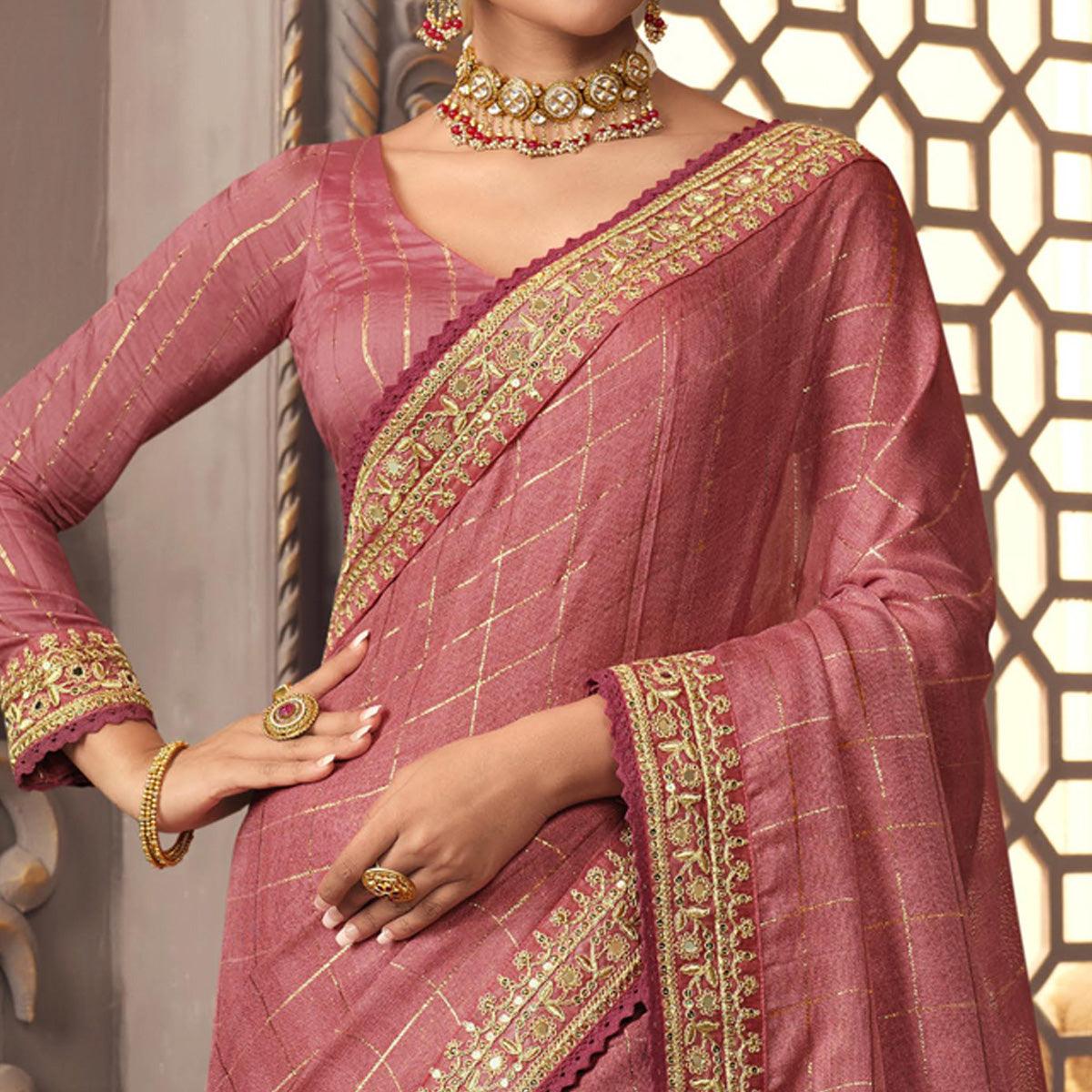 Pink Woven With Embroidered Border Organza Saree - Peachmode