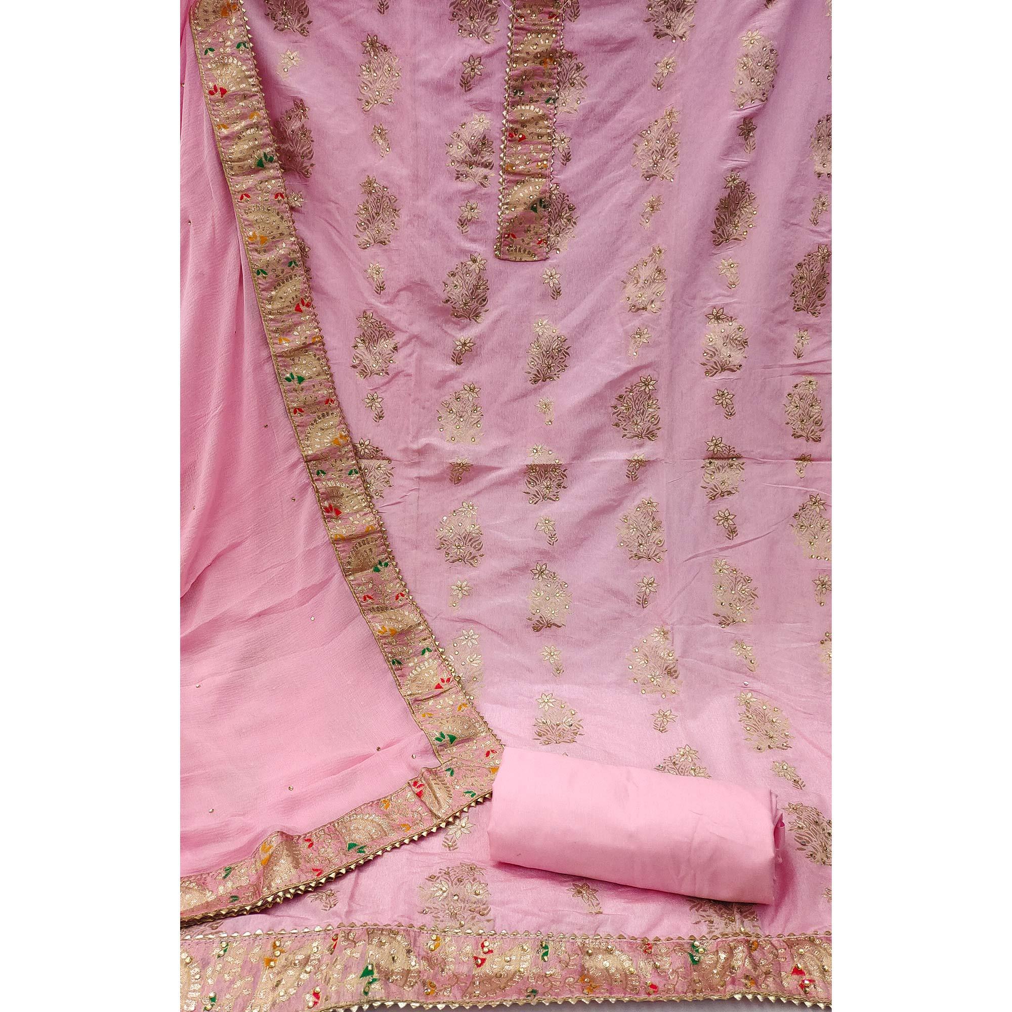Pink Woven With Embroidered Jacquard Dress Material - Peachmode