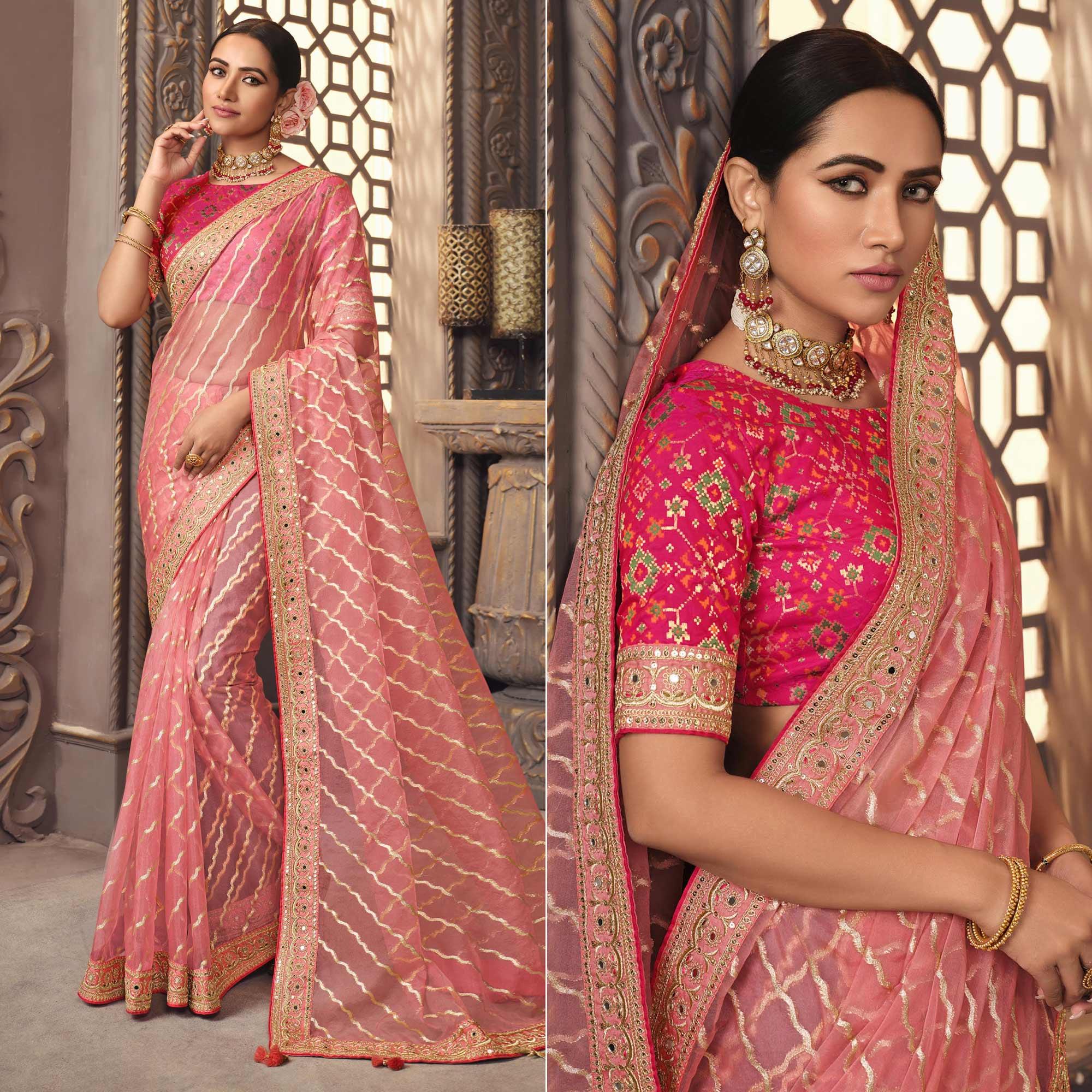 Pink Woven With Fancy Embroidered Border Organza Saree - Peachmode