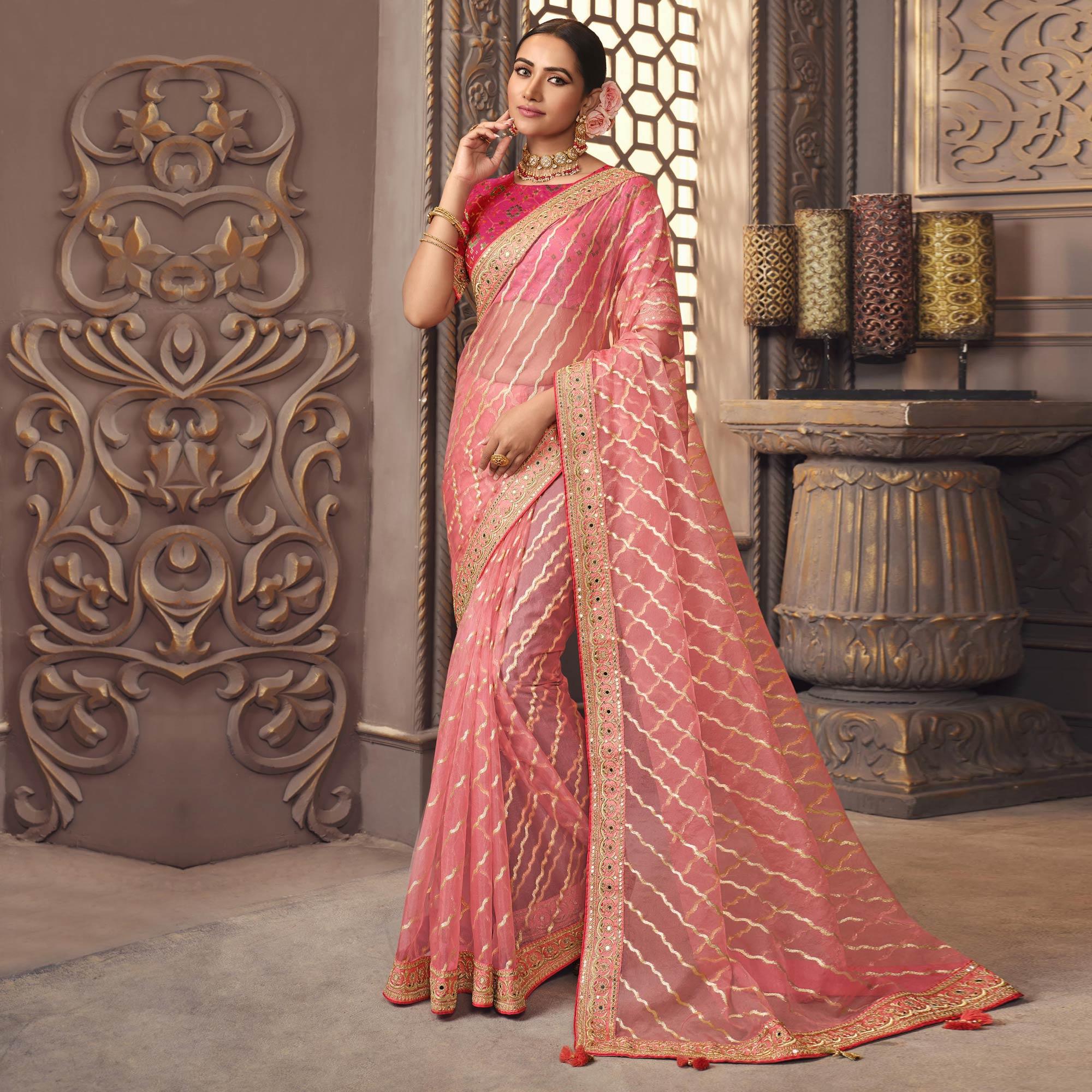 Pink Woven With Fancy Embroidered Border Organza Saree - Peachmode