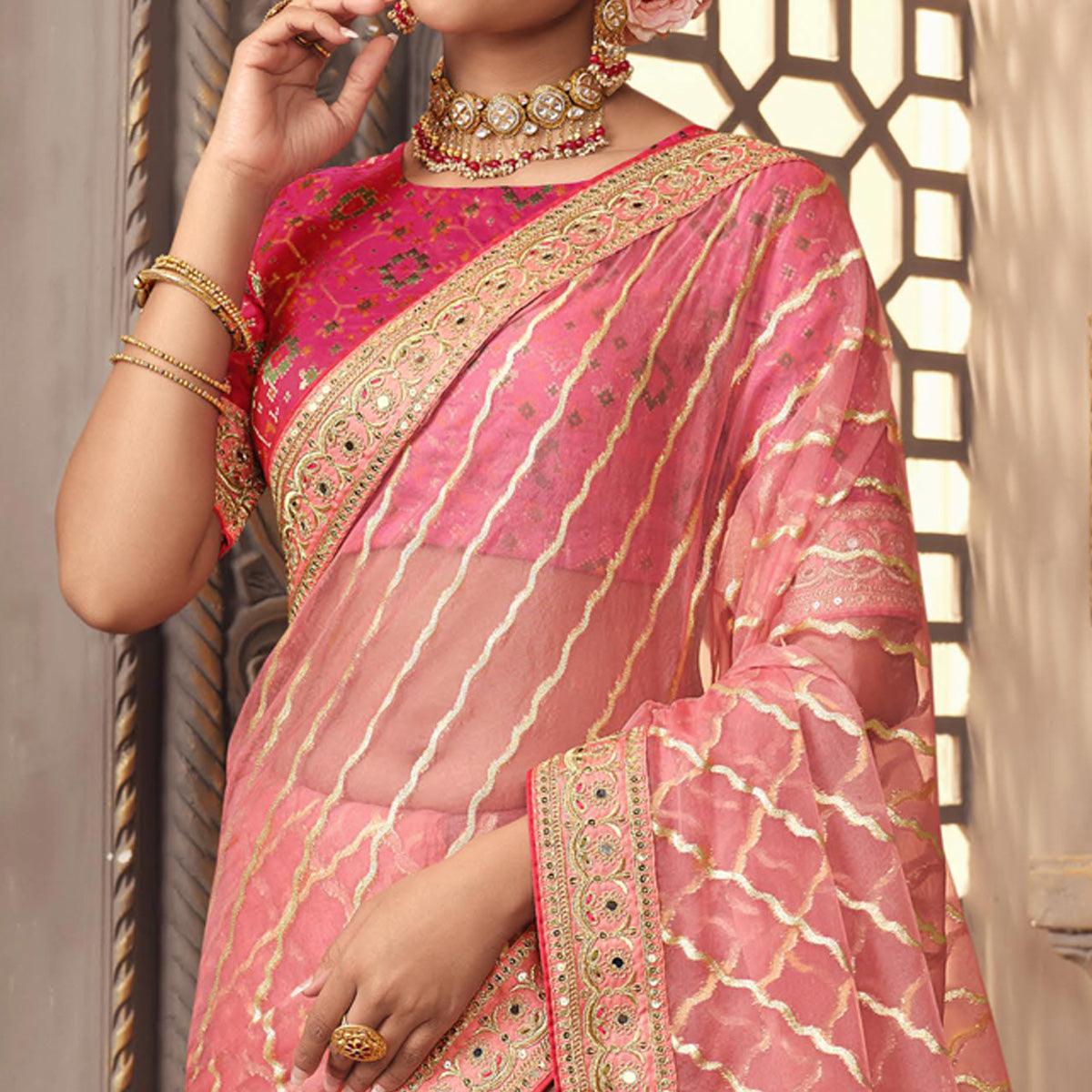 Pink Woven With Fancy Embroidered Border Organza Saree - Peachmode