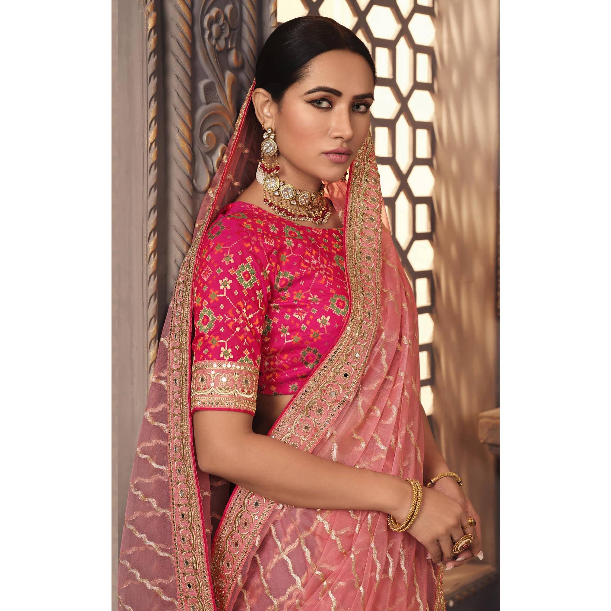 Pink Woven With Fancy Embroidered Border Organza Saree - Peachmode