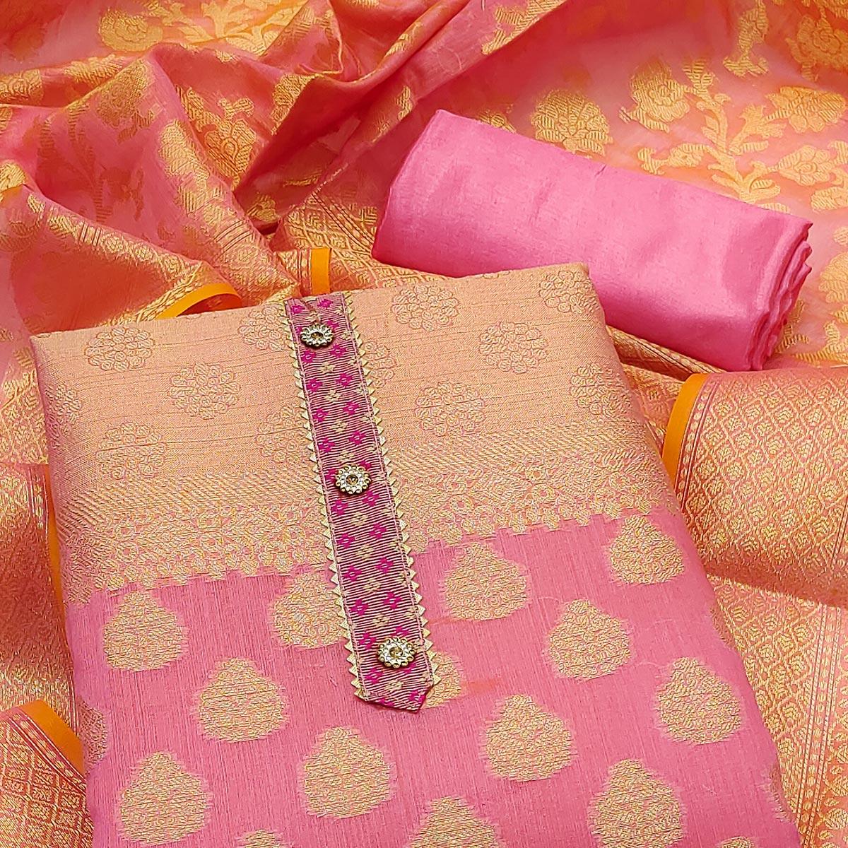 Pink Woven With Gota Patti Work Banarasi Silk Dress Material - Peachmode