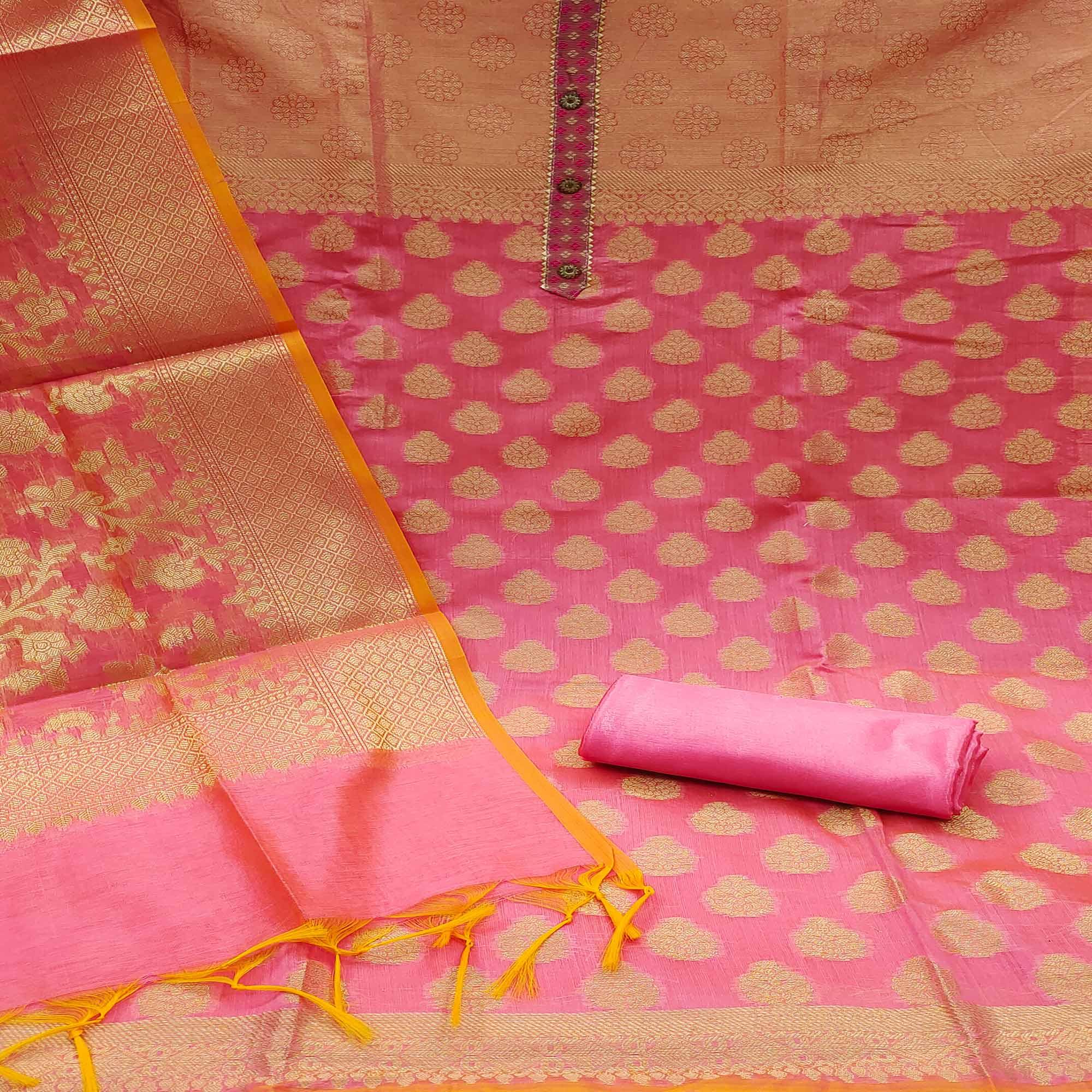 Pink Woven With Gota Patti Work Banarasi Silk Dress Material - Peachmode