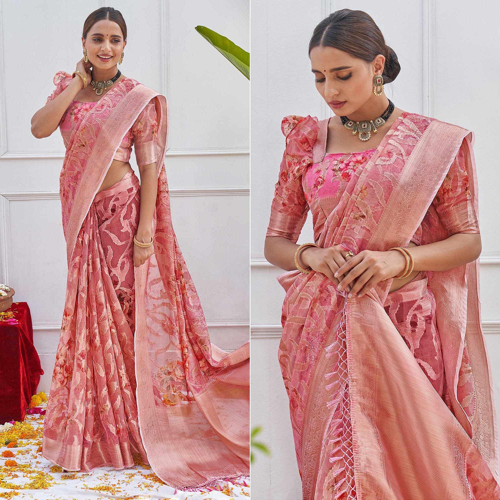 Pink Woven With Printed Organza Saree - Peachmode