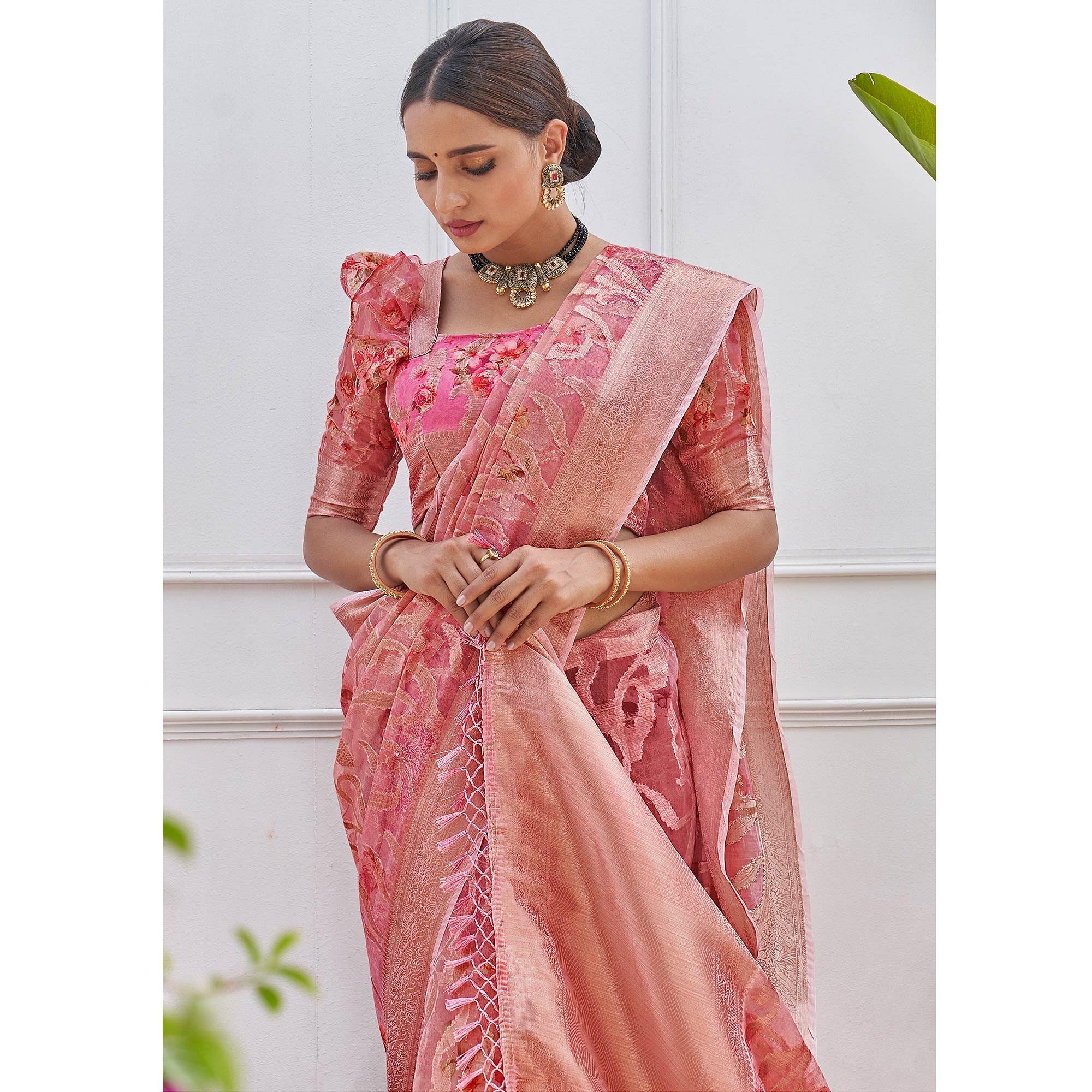 Pink Woven With Printed Organza Saree - Peachmode