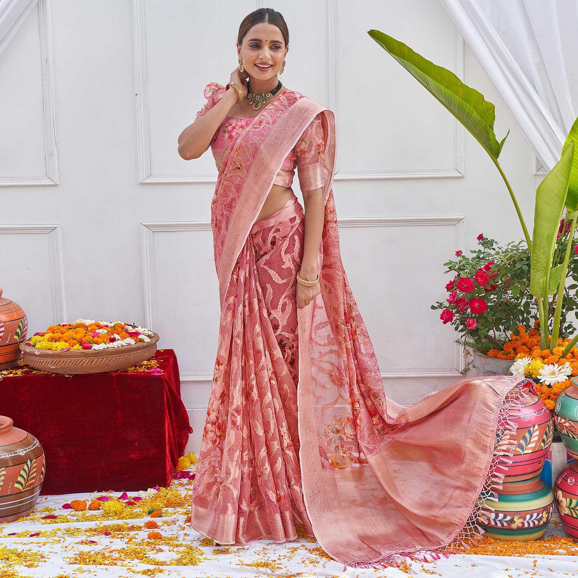 Pink Woven With Printed Organza Saree - Peachmode