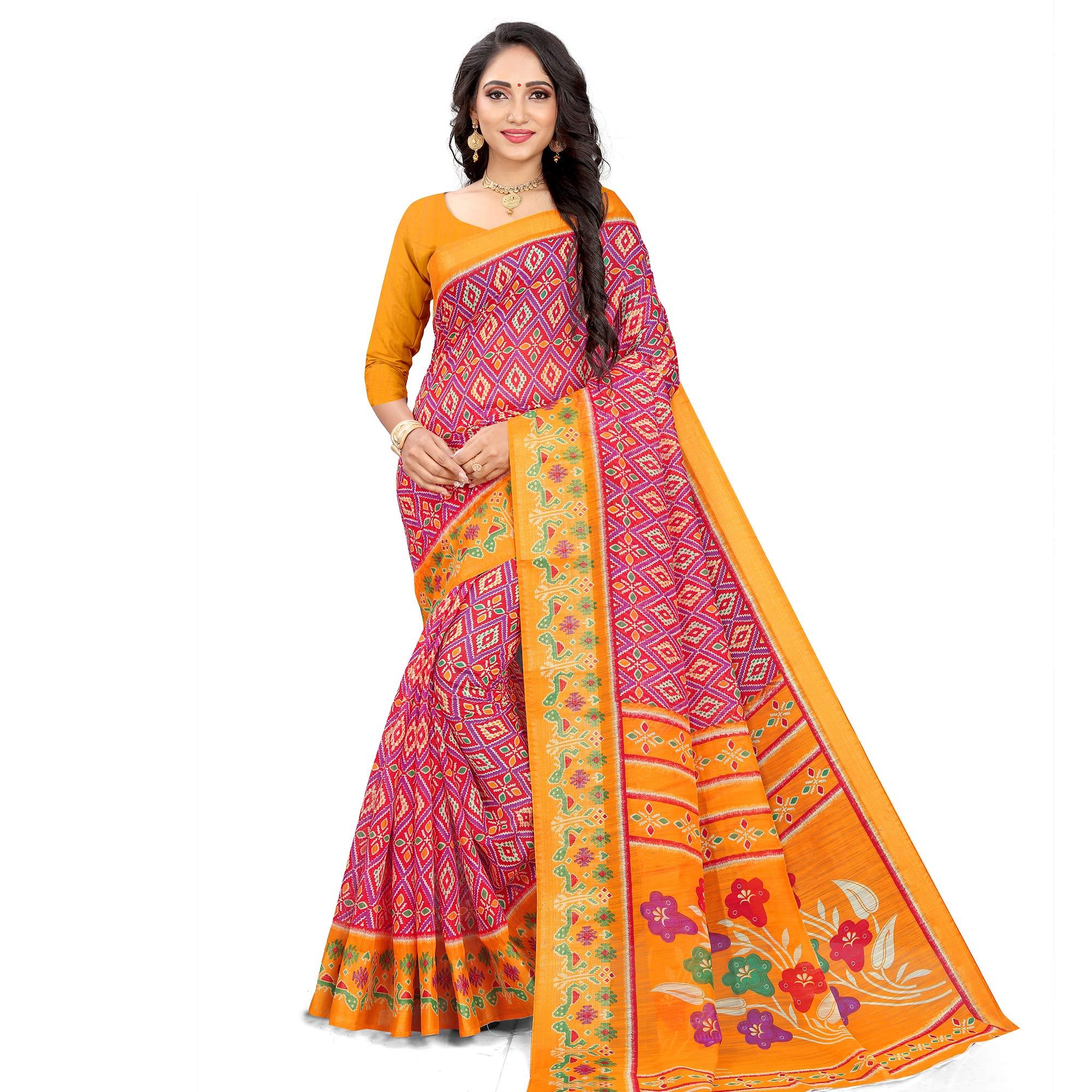 Pink-Yellow Festive Wear Floral Printed Cotton linen Saree - Peachmode