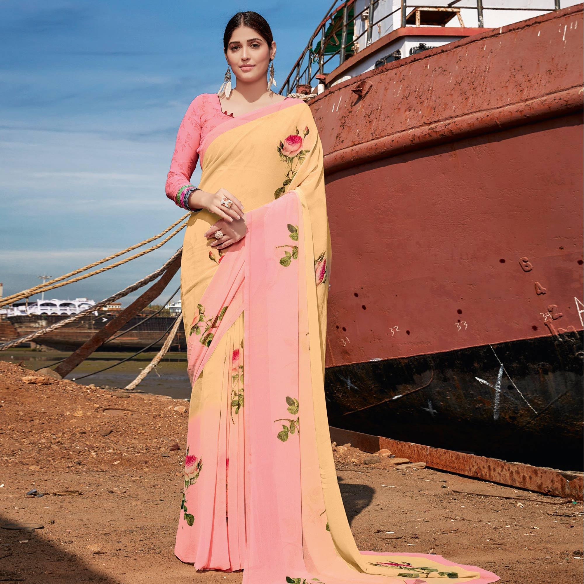 Pink-Yellow Festive Wear Floral Printed Georgette Saree - Peachmode