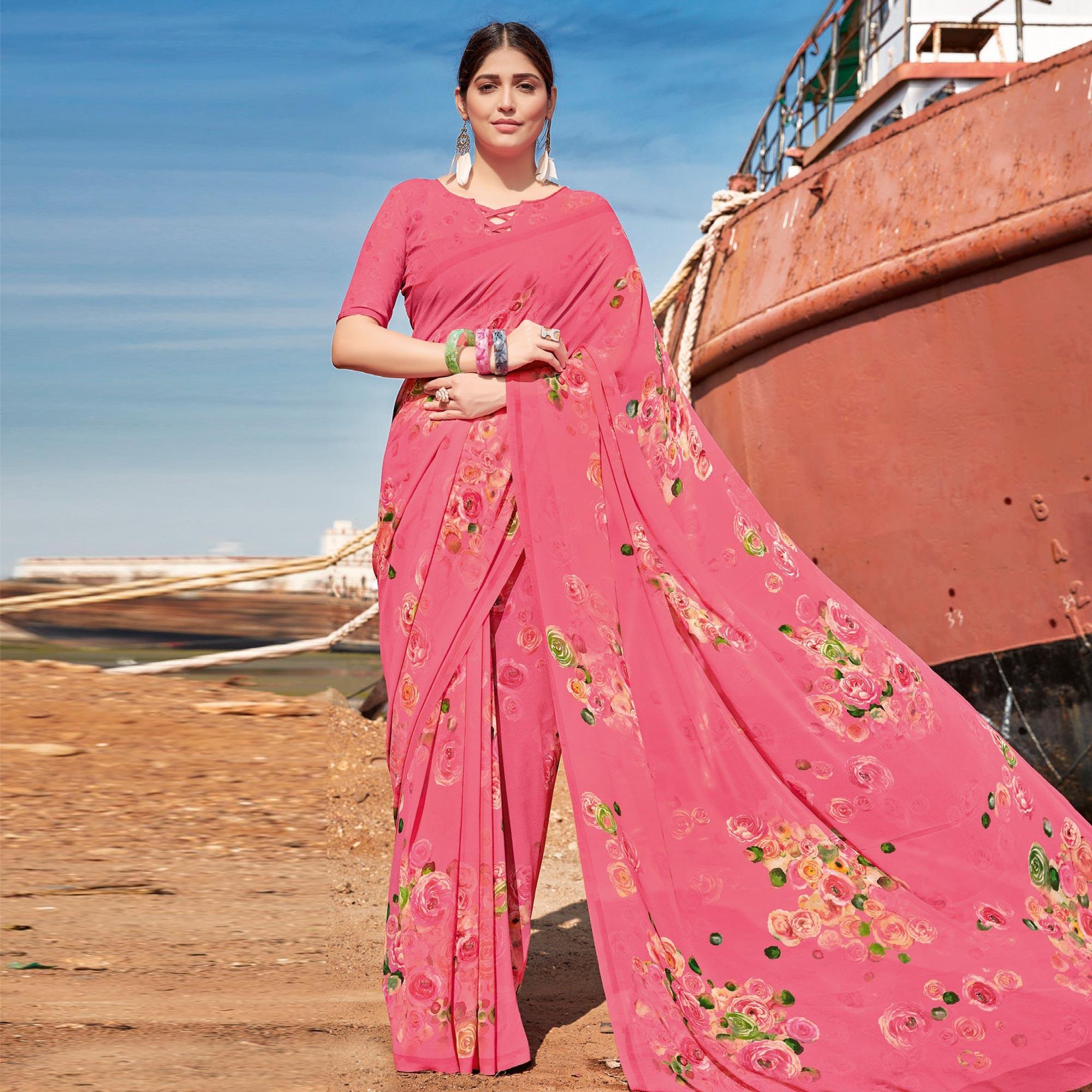 Pink -Yellow Festive Wear Floral Printed Georgette Saree - Peachmode