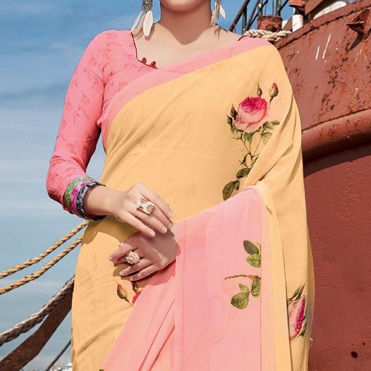 Pink-Yellow Festive Wear Floral Printed Georgette Saree - Peachmode