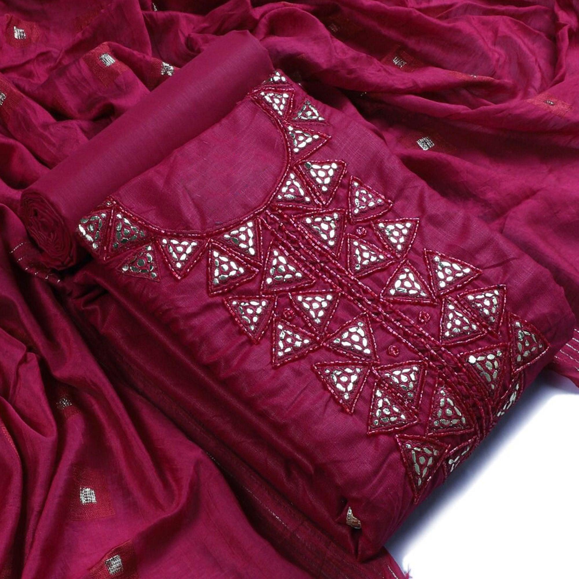 Pink Zardosi Embroidered Cotton Dress Material - Peachmode