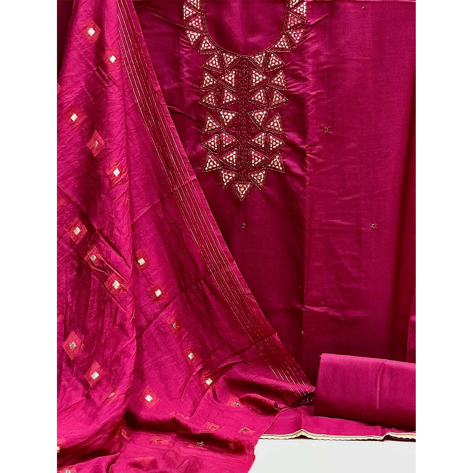 Pink Zardosi Embroidered Cotton Dress Material - Peachmode