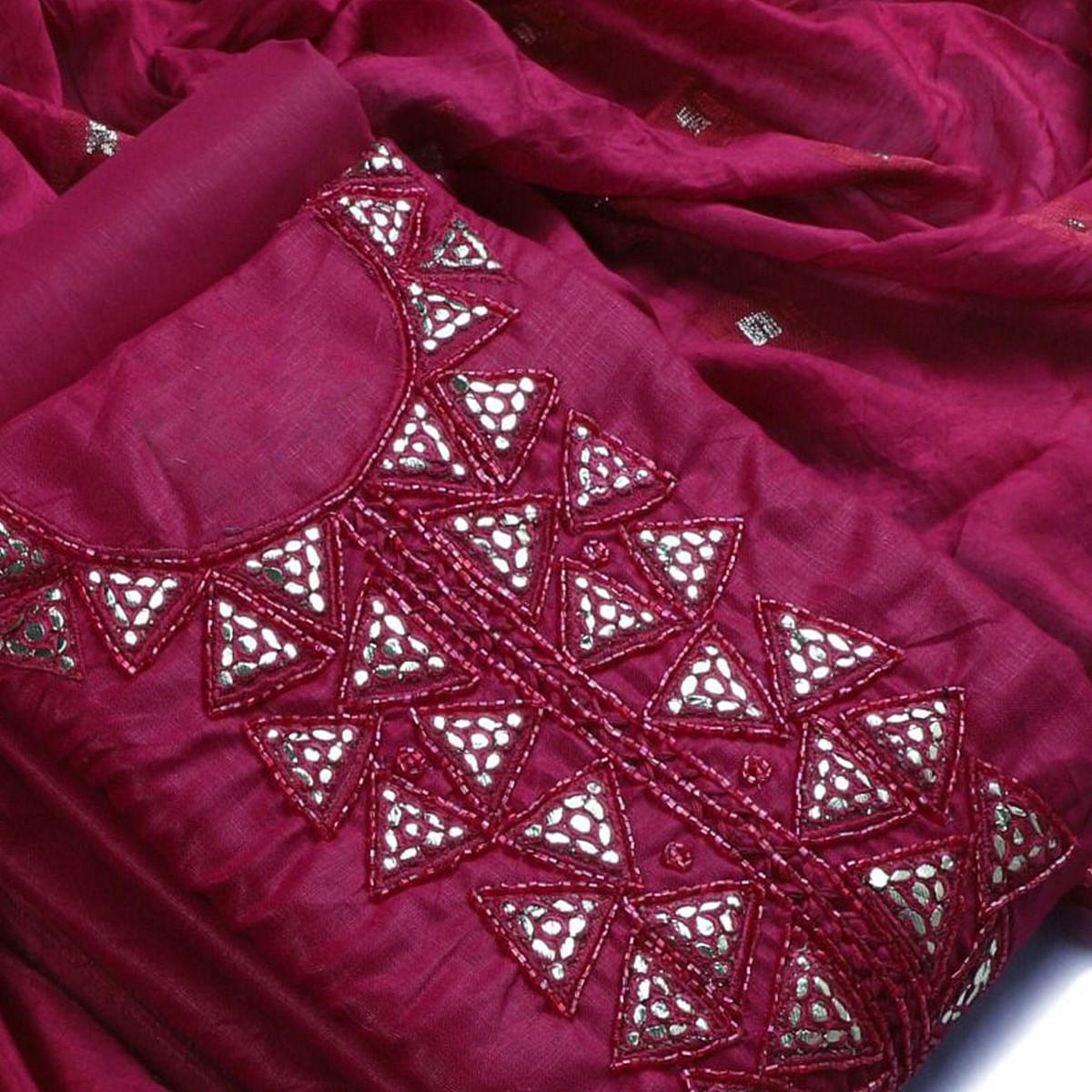 Pink Zardosi Embroidered Cotton Dress Material - Peachmode